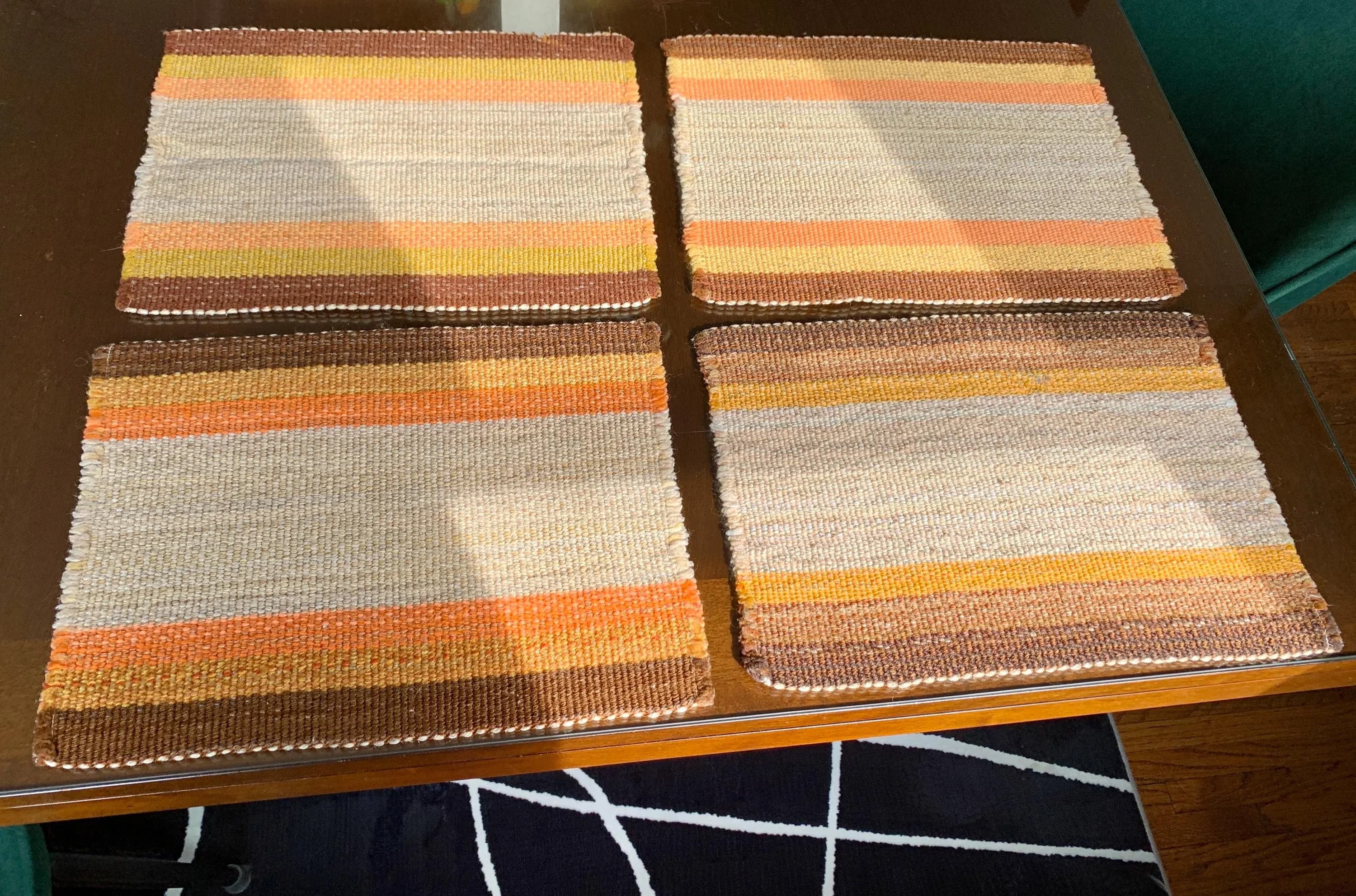 Unused Vintage Set of Four 15.5”x 10.5” Rectangular Handwoven Wool/Burlap Neutral Toned Placemats w/Retro Stripe Design; MCM Boho Home Decor - image 3