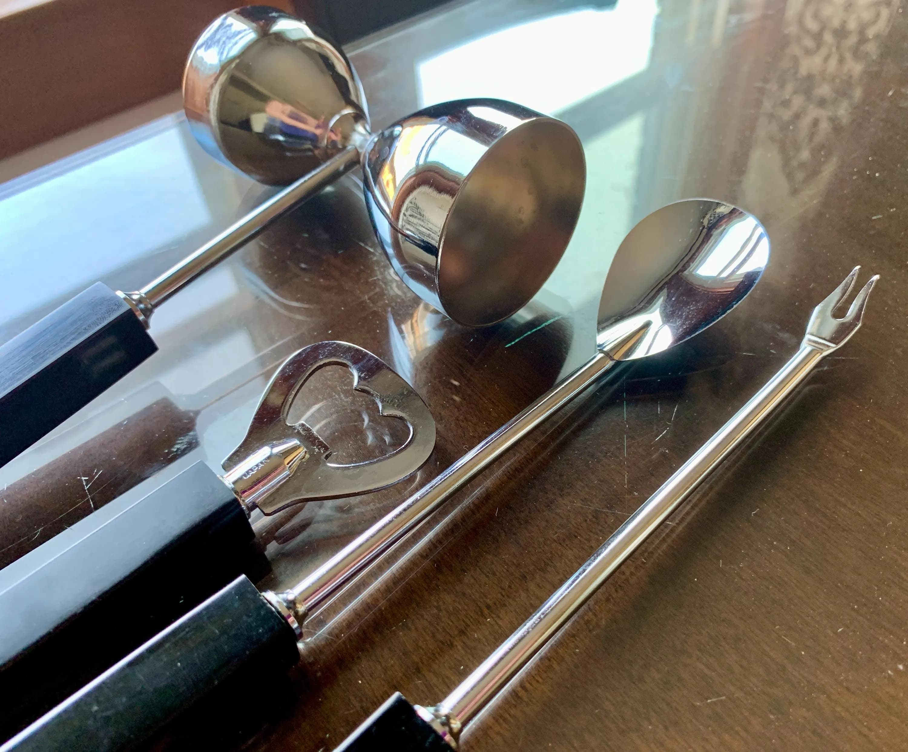 Mid-Century Modern Stainless Steel & Black Lucite 4 pc Bar Tool/Utensil Set c.1950-60’s; Vintage Solid Block Modernist Handled Barware Set - image 3