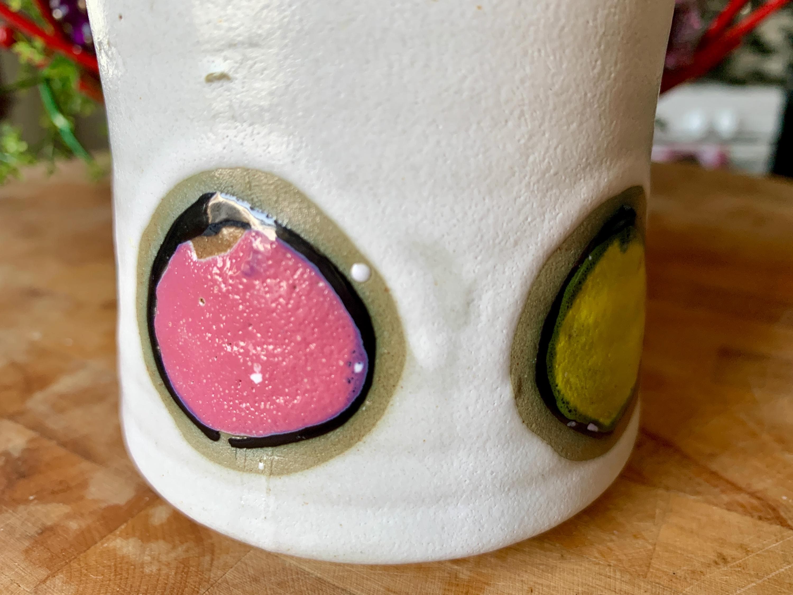 Unused MCM 11.5 floz LEGO JAPAN Hand-Painted Drip Glaze Stoneware Coffee Mug w/Vibrant Geometric Concentric Design; Vintage Kitchenware - image 5