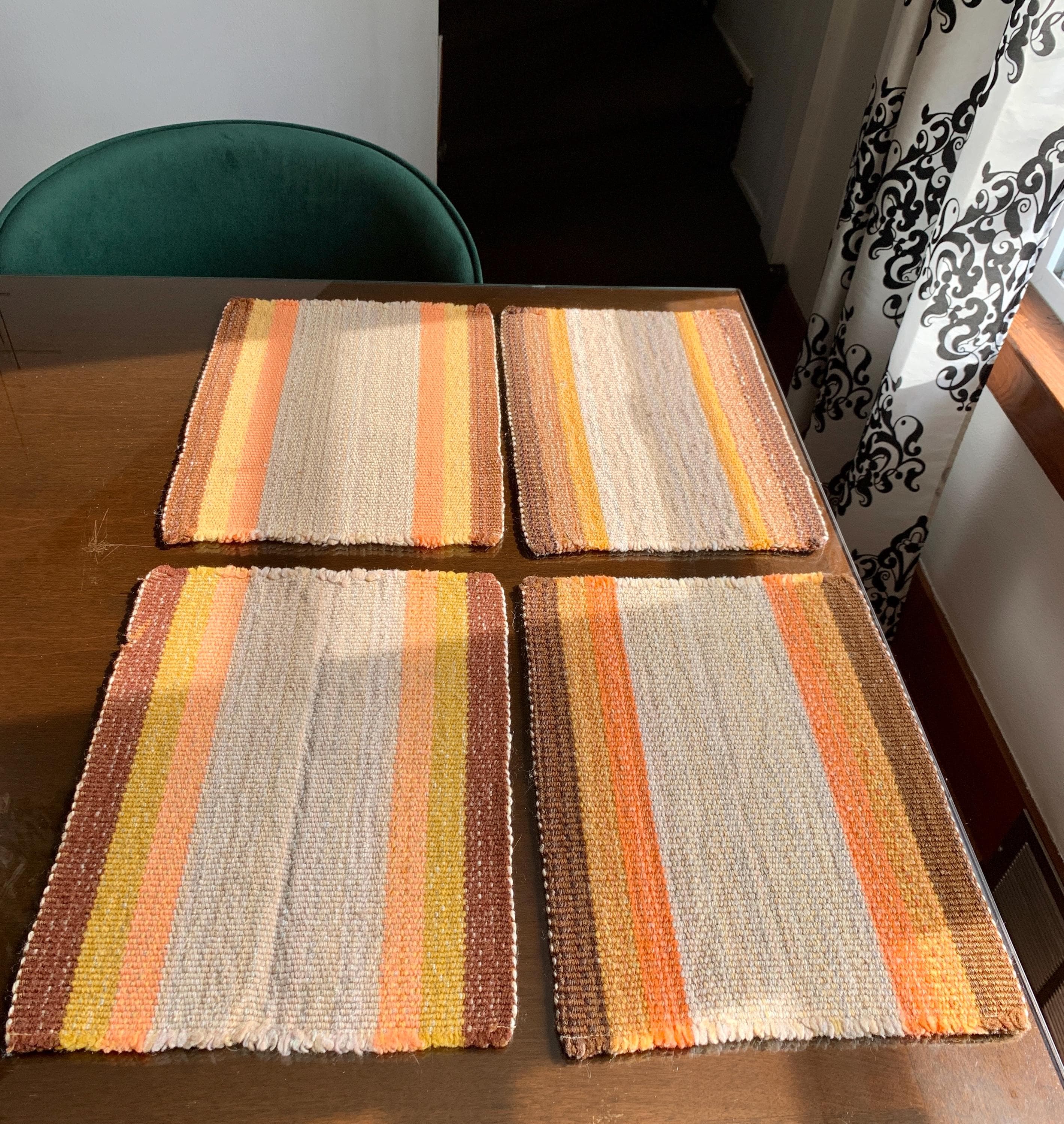 Unused Vintage Set of Four 15.5”x 10.5” Rectangular Handwoven Wool/Burlap Neutral Toned Placemats w/Retro Stripe Design; MCM Boho Home Decor - image 5