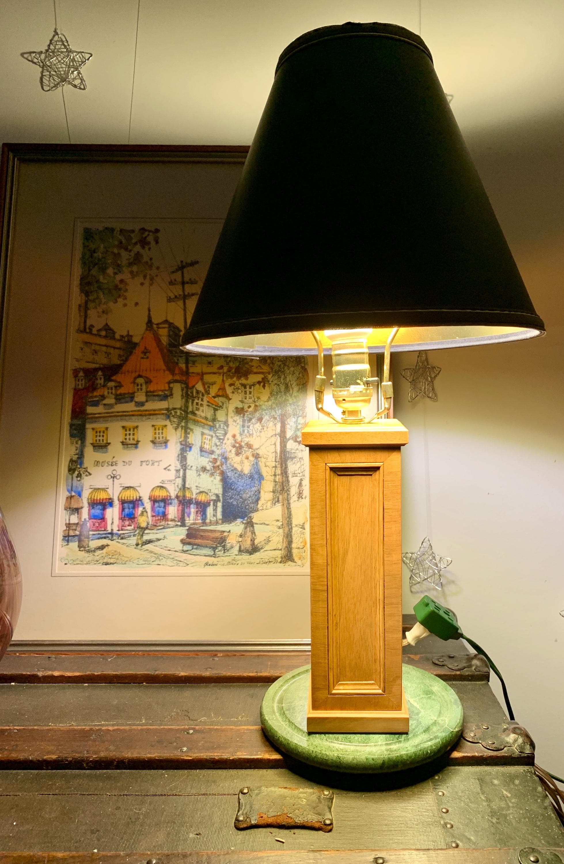 Vintage 21 3/4”x 3 1/2” FREDERICK COOPER? American Made Solid Oak Rectangular Architectural Wood Column Table Lamp w/Brass Harp & Wood Cap - image 5
