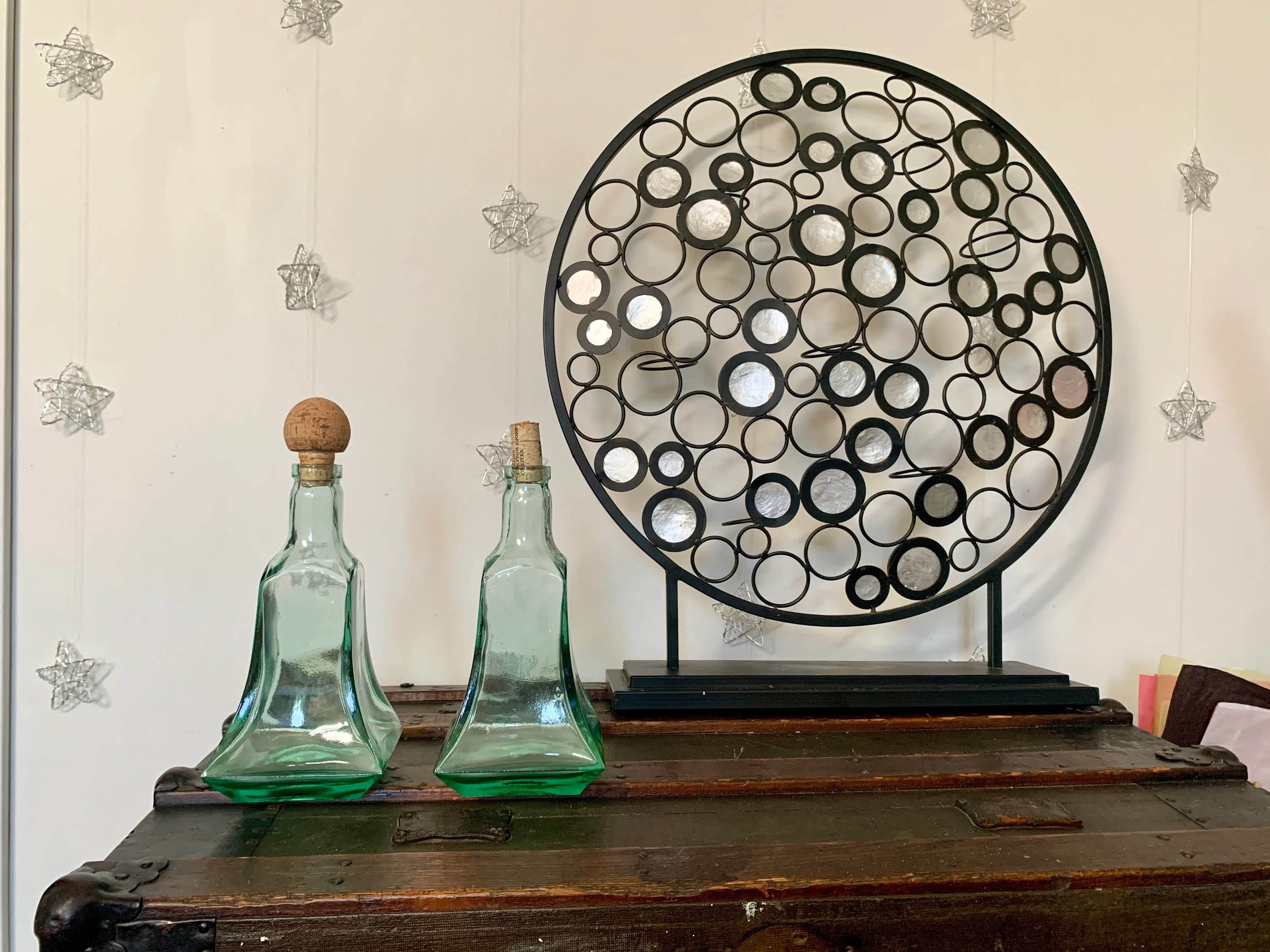Unused Vintage 9 1/2”x 5” Stunning Sea Green Recycled Glass Bottle/Decanter/Oil Cruet/Decor Handblown in Spain w/Visible Bubbles c. 1980-90s - image 4