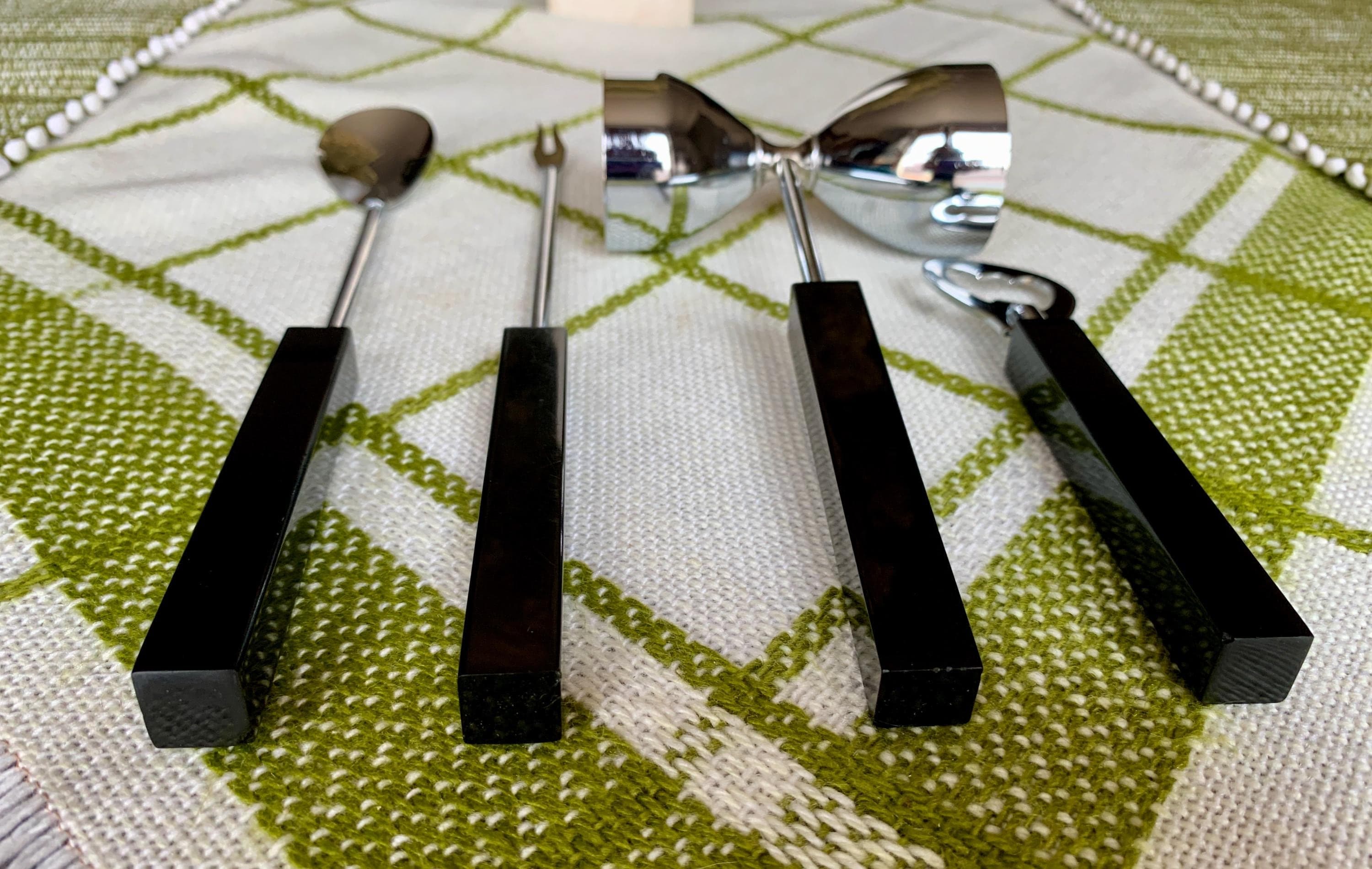 Mid-Century Modern Stainless Steel & Black Lucite 4 pc Bar Tool/Utensil Set c.1950-60’s; Vintage Solid Block Modernist Handled Barware Set