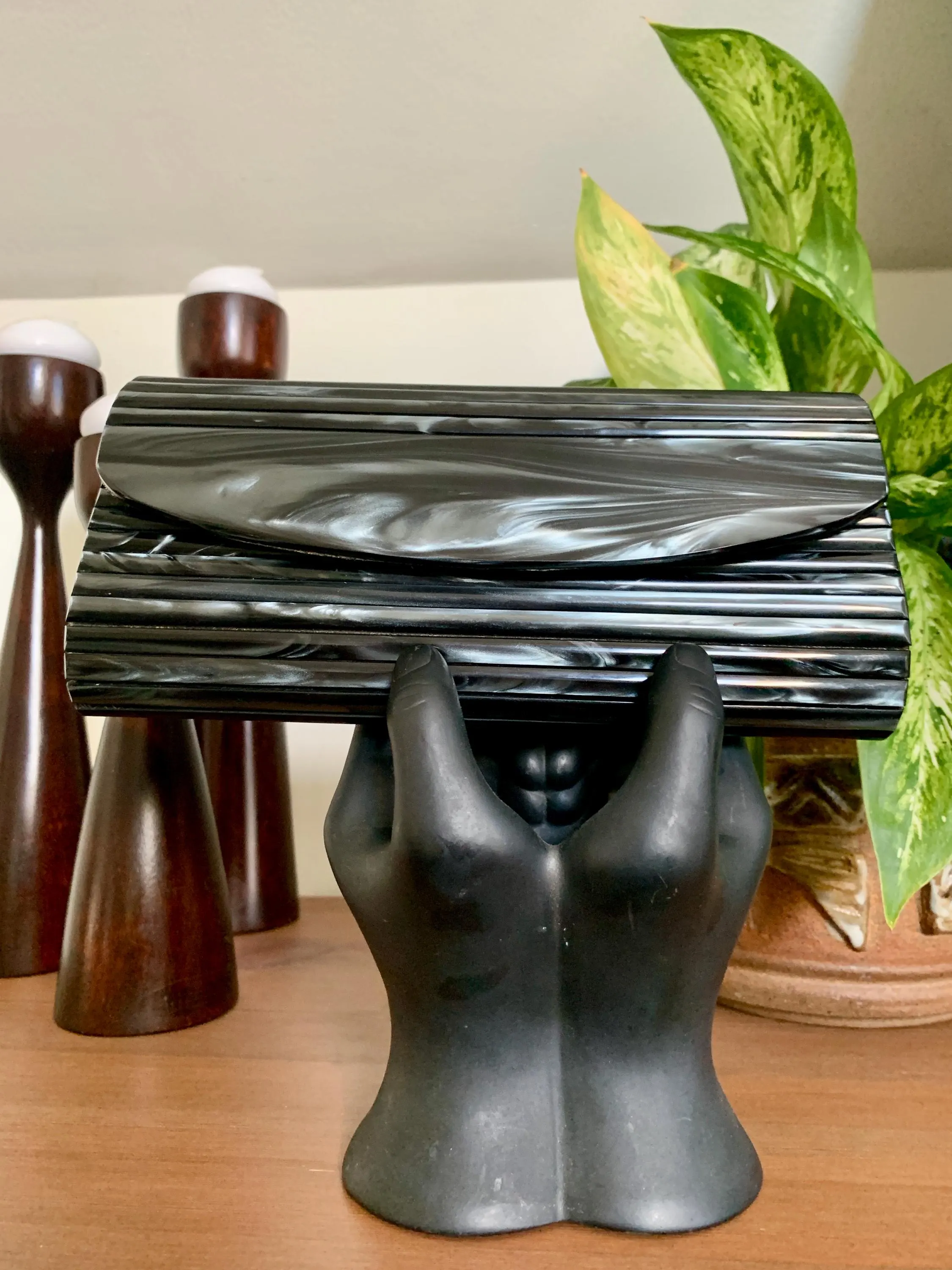 Mid-Century 4 1/2”x8” Black Swirl Lucite Hard Shell Rectangular Purse w/22” Detachable Silver Tone Chain Strap for Shoulder/Cross-Body Use - image 3