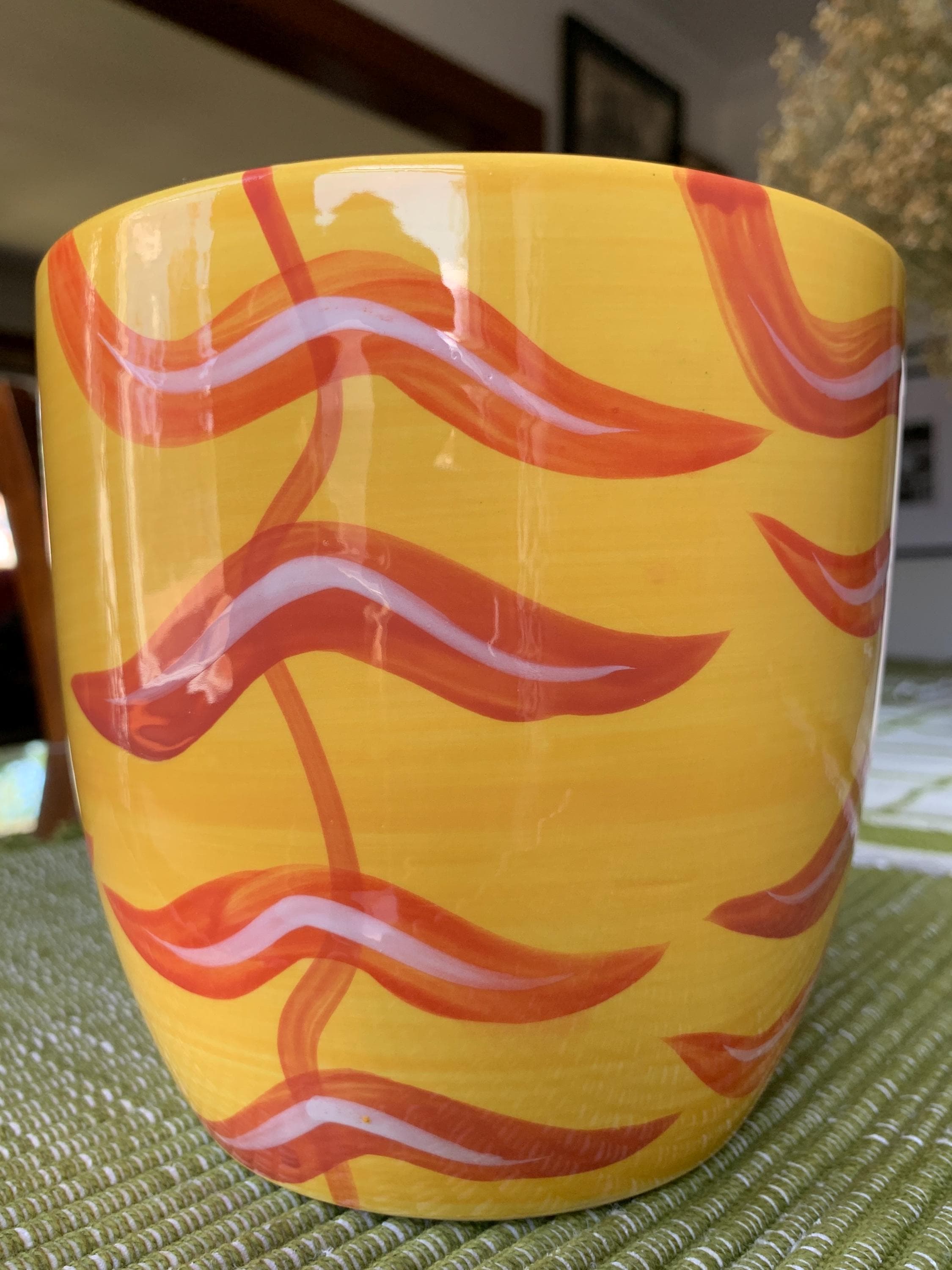 Vintage 5 5/8“x 5 5/8” Hand-Painted IKEA of Sweden “RAGO” Stoneware Plant Pot/Vase in Vibrant Yellow w/Abstract Pumpkin Orange Motif c.1990s - image 3