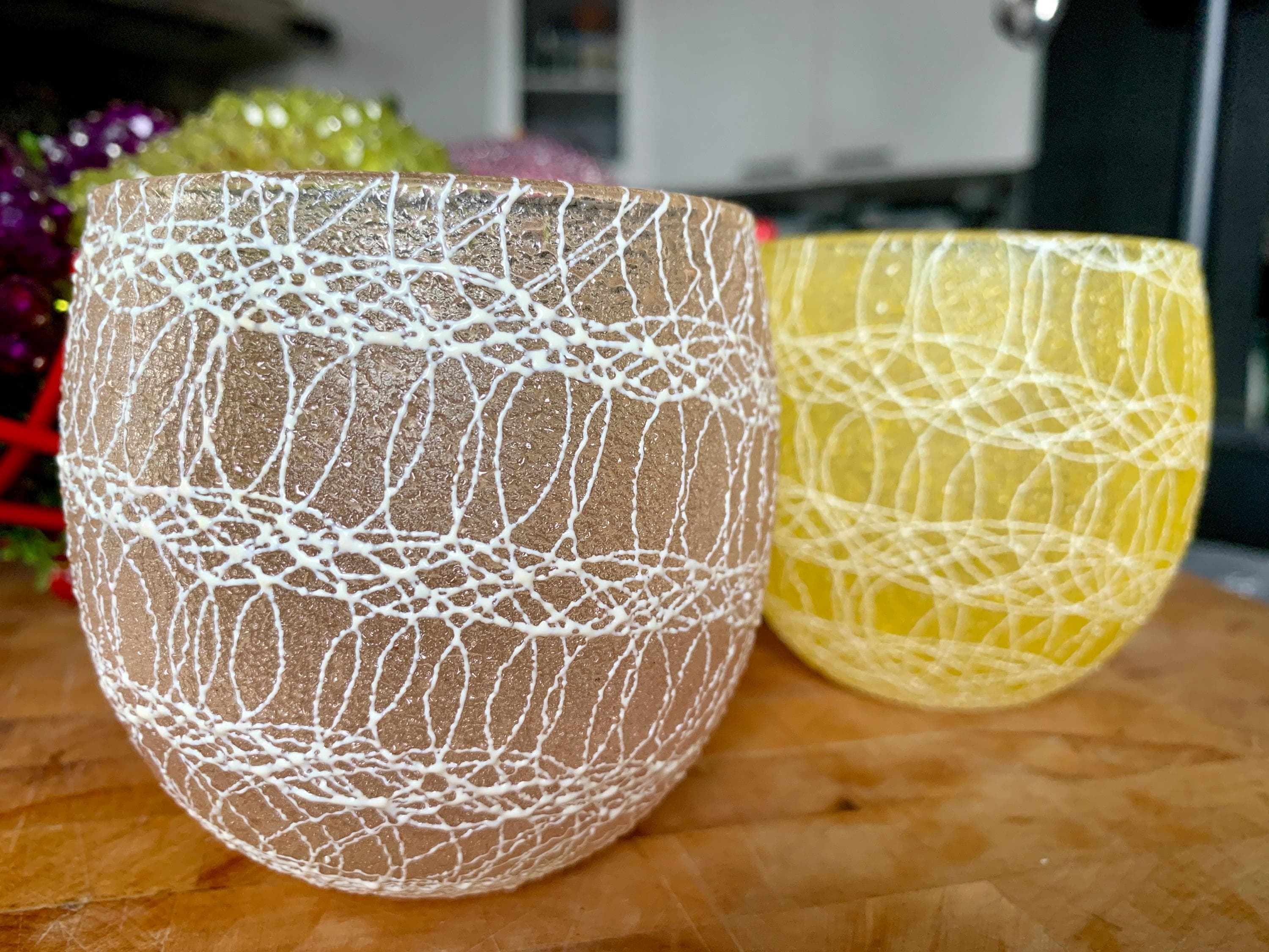 Unused Pair/2 of MCM 10.5 floz COLOR CRAFT “Spaghetti String” Roly-Poly Lowball Tumblers/Vintage “Shat-R-Pruf” Cocktail Glasses c.1950-60s