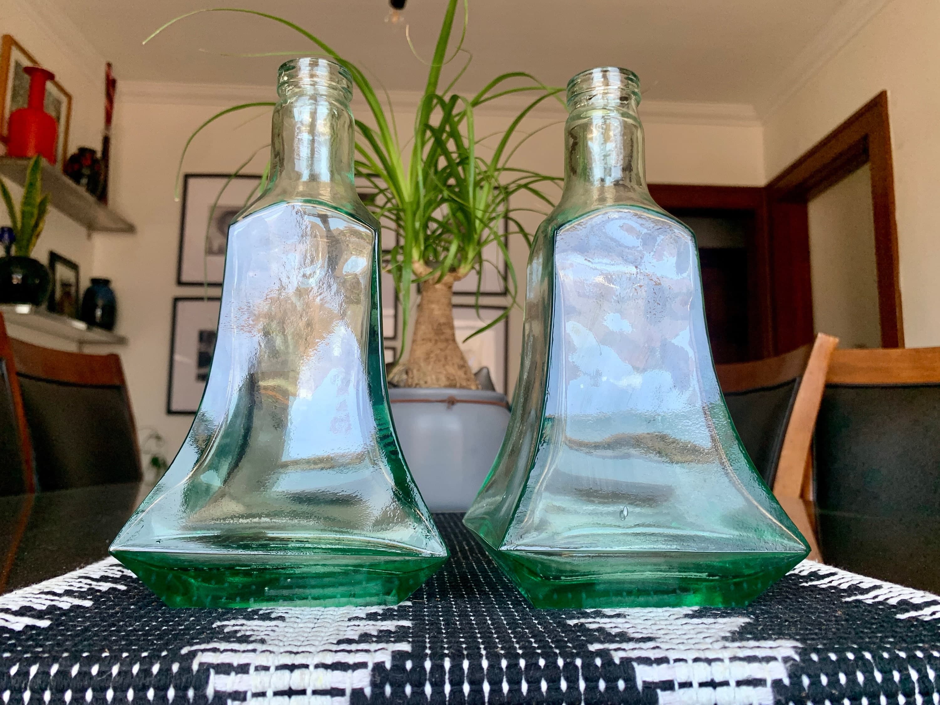 Unused Vintage 9 1/2”x 5” Stunning Sea Green Recycled Glass Bottle/Decanter/Oil Cruet/Decor Handblown in Spain w/Visible Bubbles c. 1980-90s