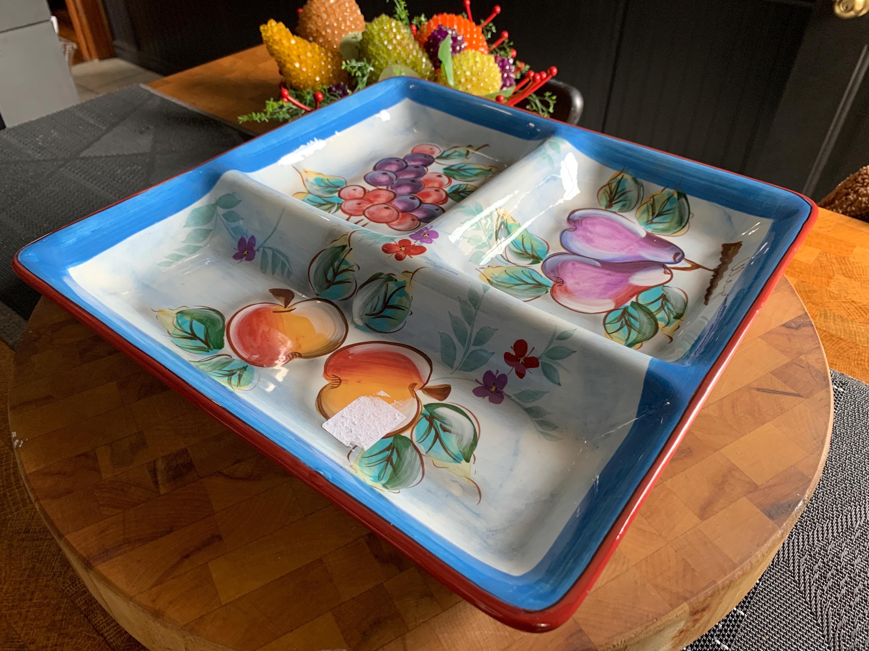 Unused Square 13 1/4” Vibrant Hand-painted (Italian) Ceramic Divided Serving Platter w/Fruit Motif; Tri-Sectional Veggie/Snack/Dessert Plate - image 3