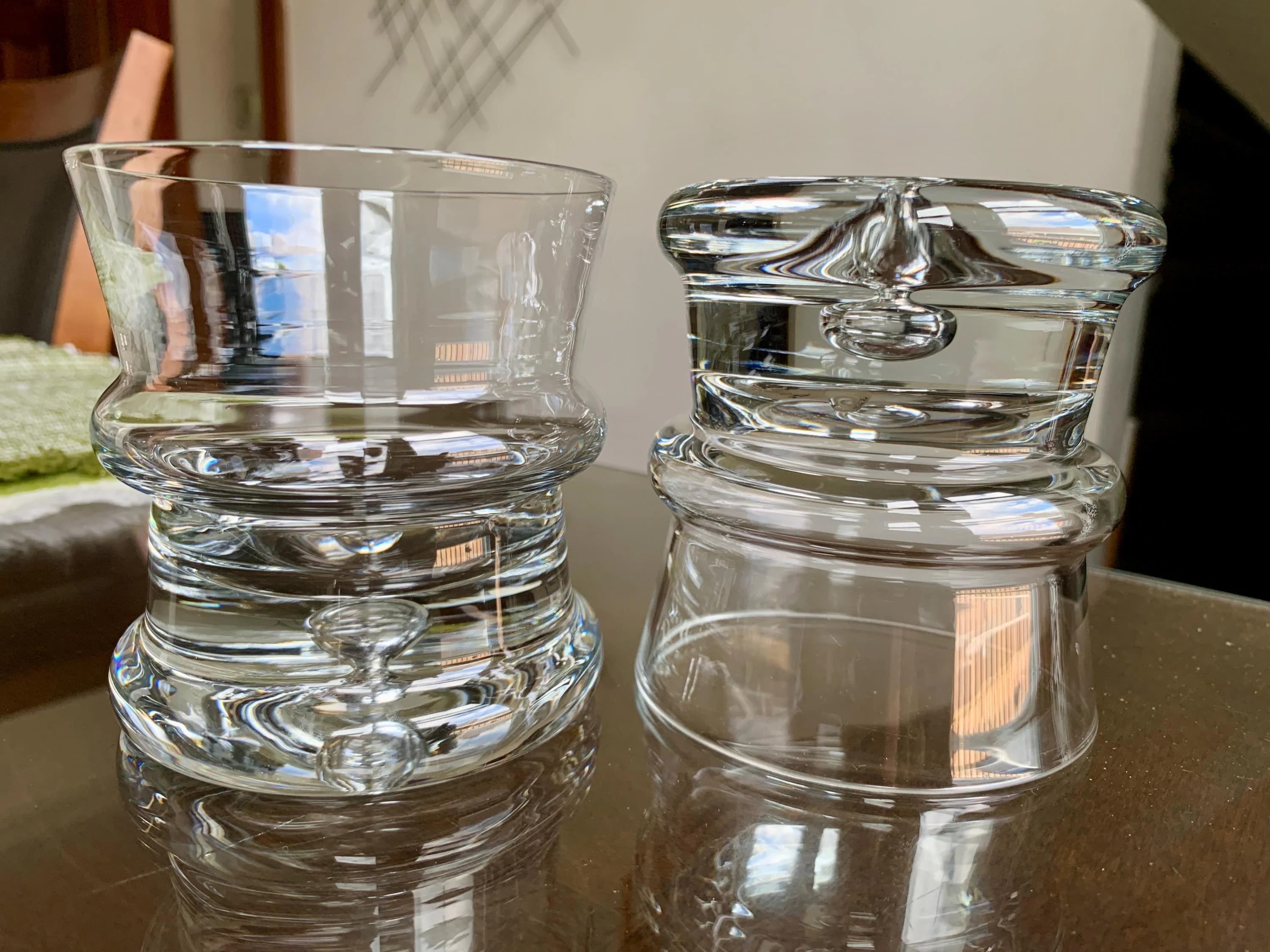 Pair/2 Unused Luxurious MCM 10 1/2 floz KROSNO POLAND Heavy Blown Glass Ripple Double Old Fashioned/Whisky/Lowball Tumblers w/Bubble Base
