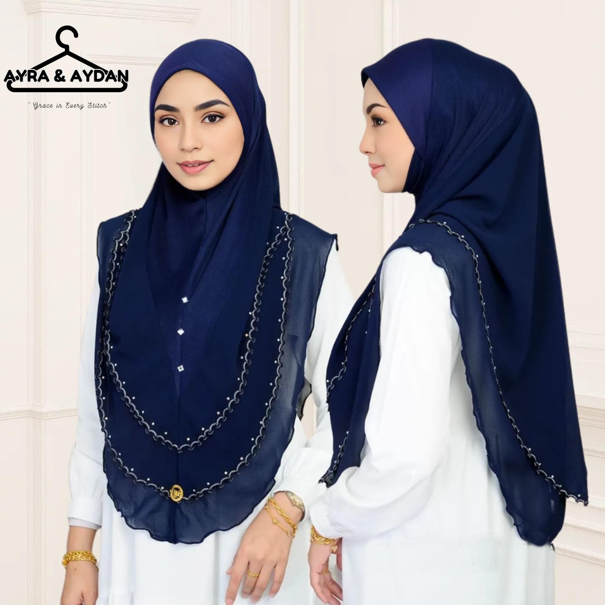 Embroidered 3-Layer Instant Hijab | M, L, XL Sizes | Neatly Stitched Edges | Easy Slip-On Design | 20 Color Options
