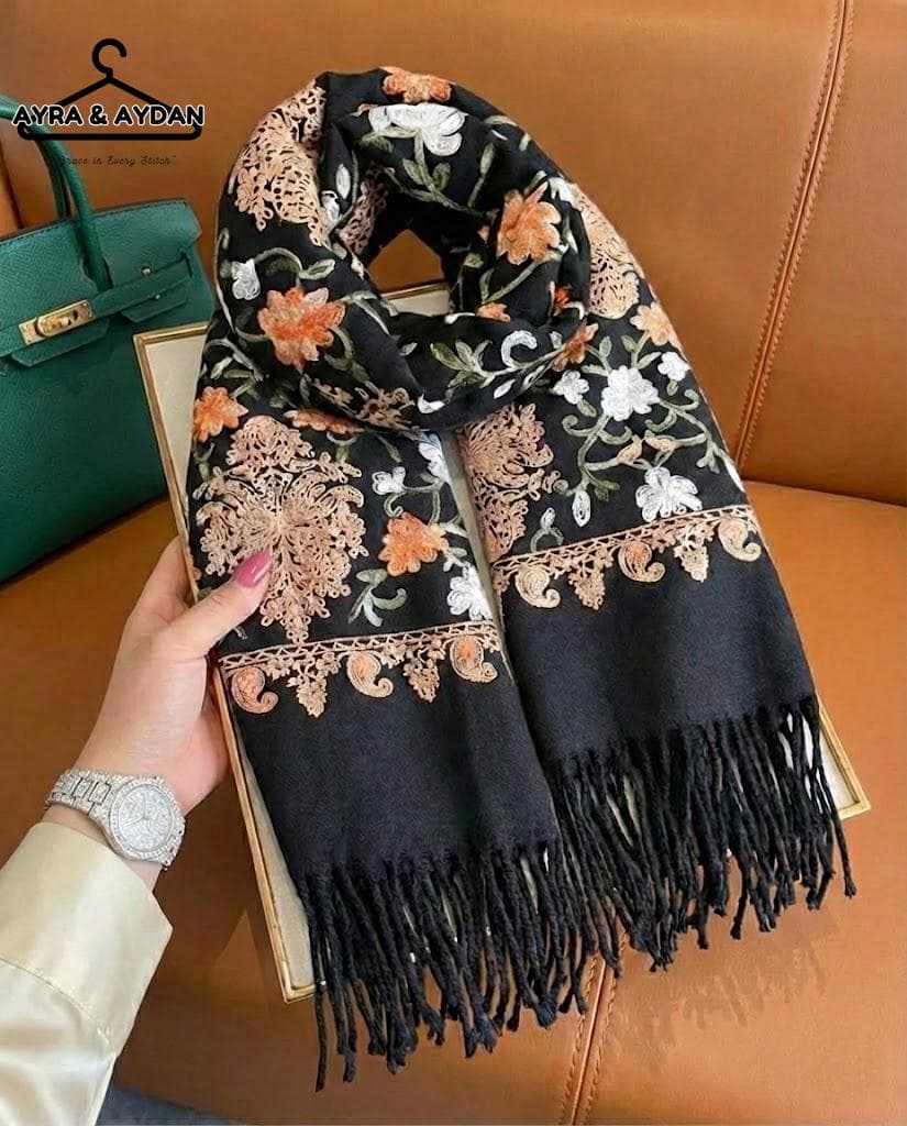 Handmade Embroidered Wool Scarf, Floral Pashmina Shawl, Boho Winter Wrap