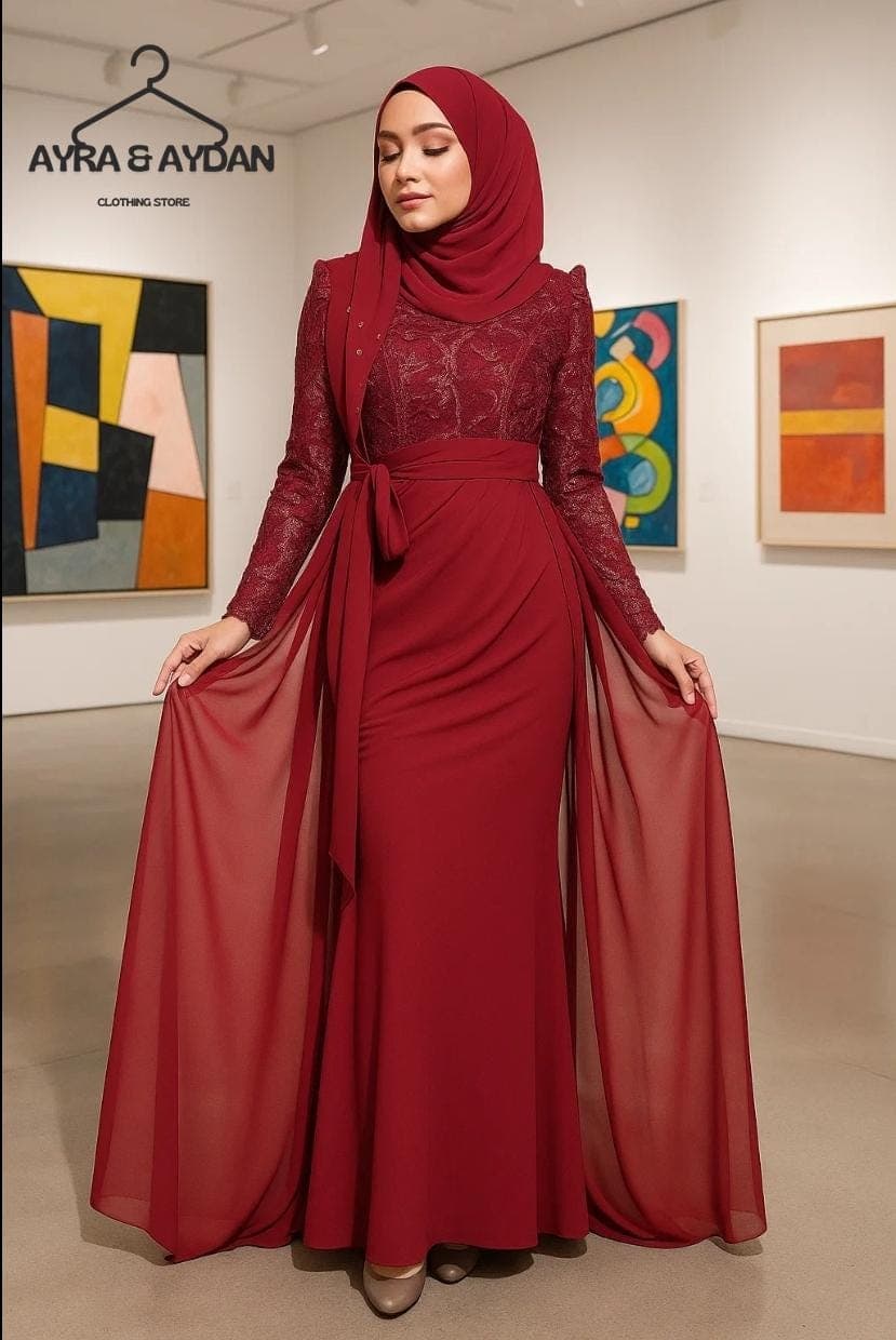 Elegant Modest Evening Dress with Luxury Lace| Hijab-Friendly Long Sleeve Islamic Style Nikkah Gown, Dubai Style, Long Sleeve,  XS-XXXL