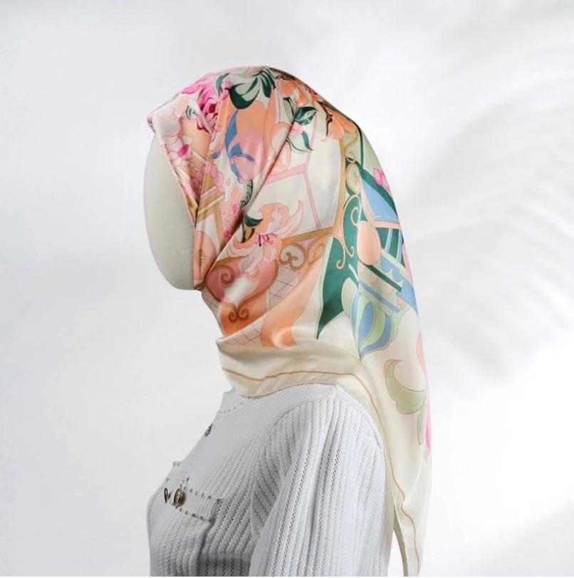 Floral Print Silk Scarf, Bohemian Botanical Head Scarf, Large Square Lightweight Shawl, Elegant Neck Scarf Gift For Women, 90cmx90cm - image 3