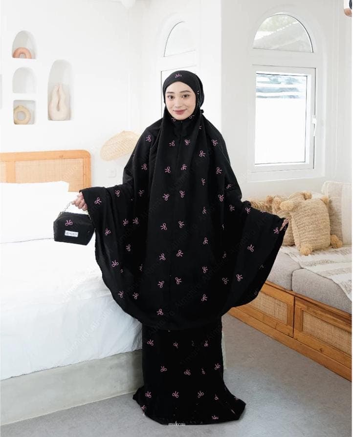 Embroidered Cotton Travel Prayer Dress with Coquette Design & Free Pouch - Portable Prayer Hijab - image 3