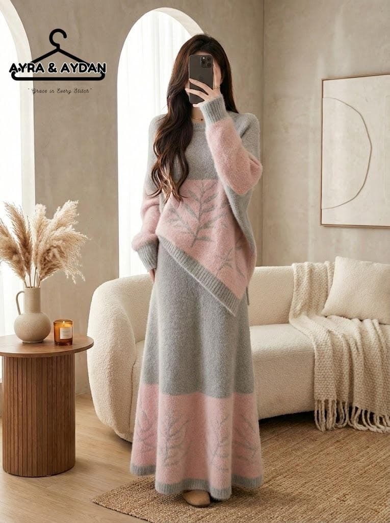 Cozy Pink & Grey Fuzzy Knit Two-Piece Set - Asymmetrical Leaf Pattern Sweater and Maxi Skirt - Korean Fashion Lounge Outfit - Winter Gift