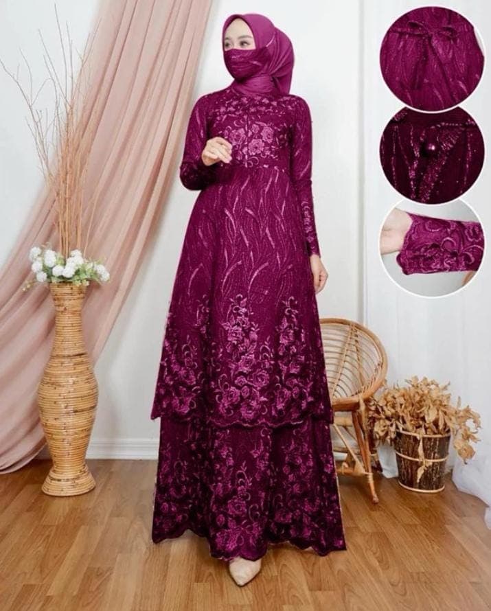 Floral Lace Maxi Dress Modest Muslim Girls | Tiered Layered Long Sleeve Gown Elegant for Eid Ramadan | Hijab Friendly Luxury Modest Wear - image 2