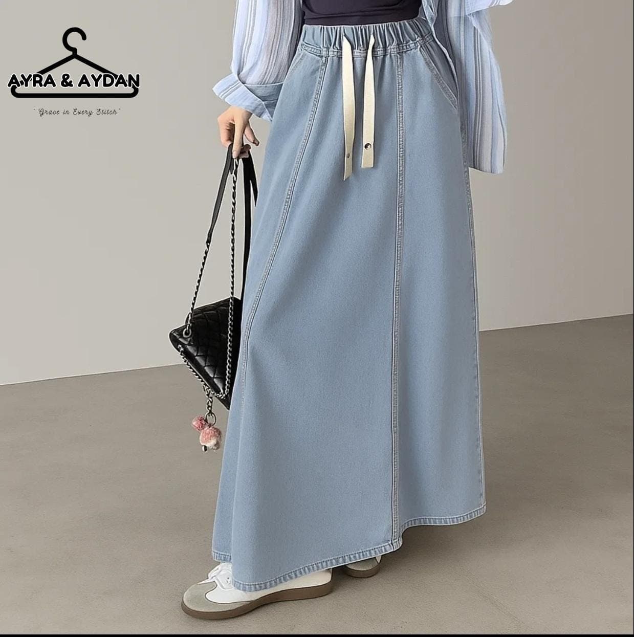 High Waisted Denim Maxi Skirt, A-Line Long Jean Skirt with Drawstring, Y2K Korean Fashion, Casual Elastic Waist Streetwear Skirt - image 3