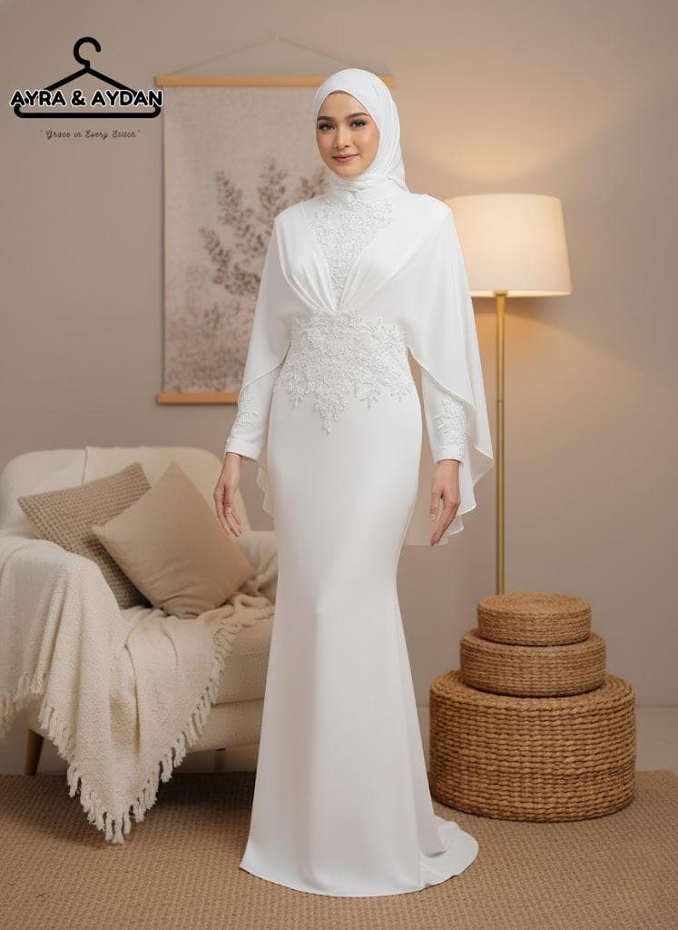 Elegant Lace and Heavy Chiffon Wedding Dress with Cape Sleeve Detail – Timeless Bridal Dress for Your Special Day, Minimalist Wedding Dress