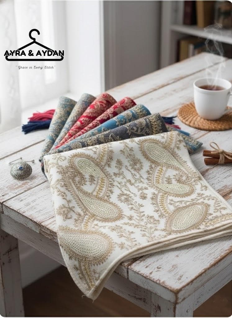 Luxury Embroidered Winter Scarf - Handmade Cashmere Pashmina Shawl for Women - Elegant Bridal Wrap, Floral Paisley Evening Stole, Boho Gift - image 3