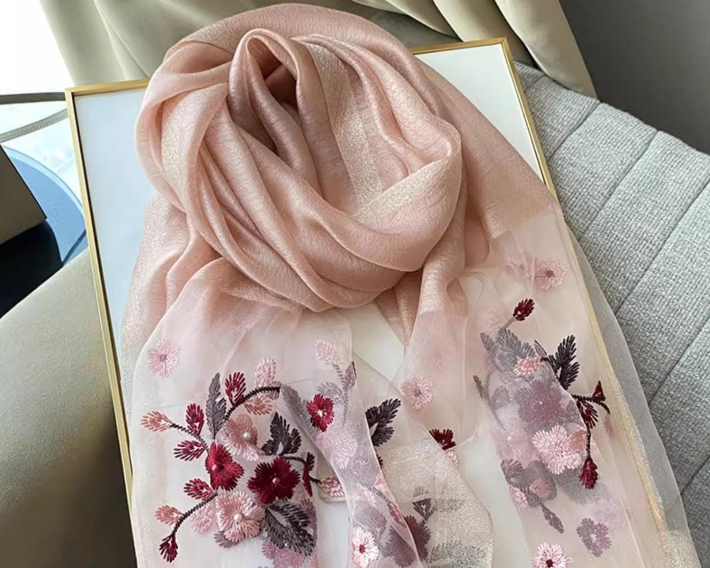 Luxury Organza Silk Scarf with Pearls, 3D Floral Embroidery Wrap, White Sheer Headscarf, Vintage Style Summer Shawl, Handmade Gift for Her - image 3