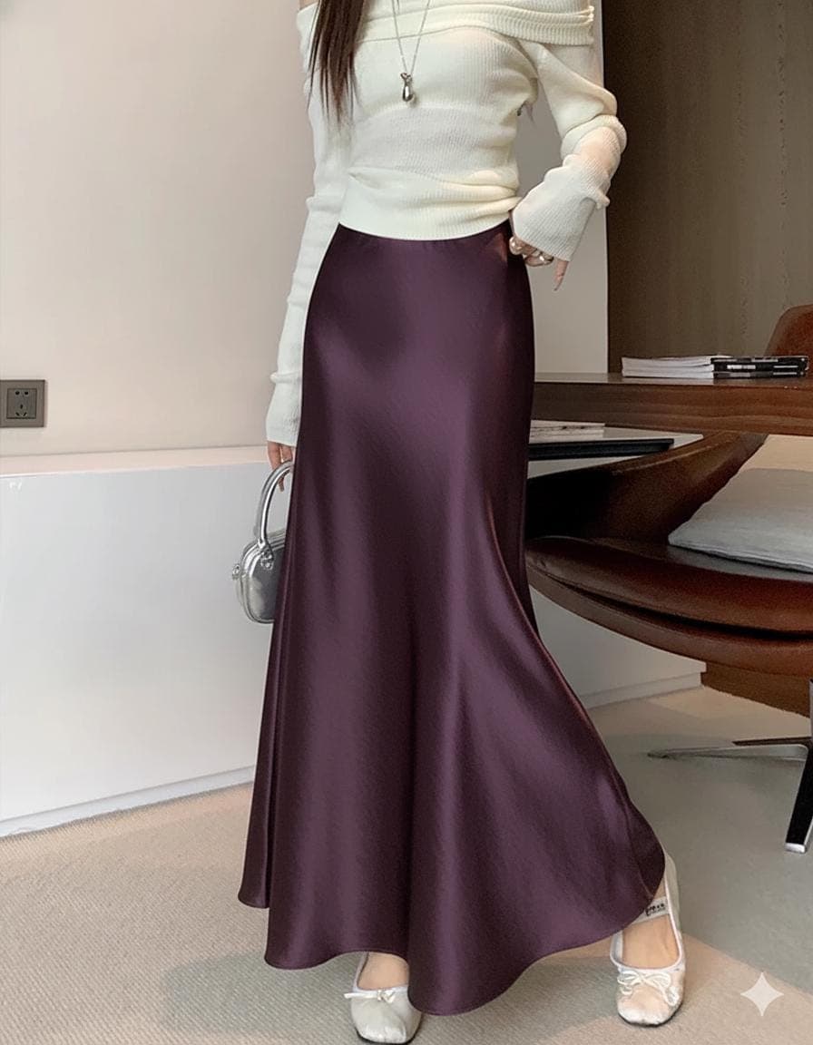 High Waisted Satin Maxi Skirt, Silk Slip Skirt Long, Elegant A Line Flowy Skirt, Minimalist Bridesmaid Wedding Guest Outfit - image 3