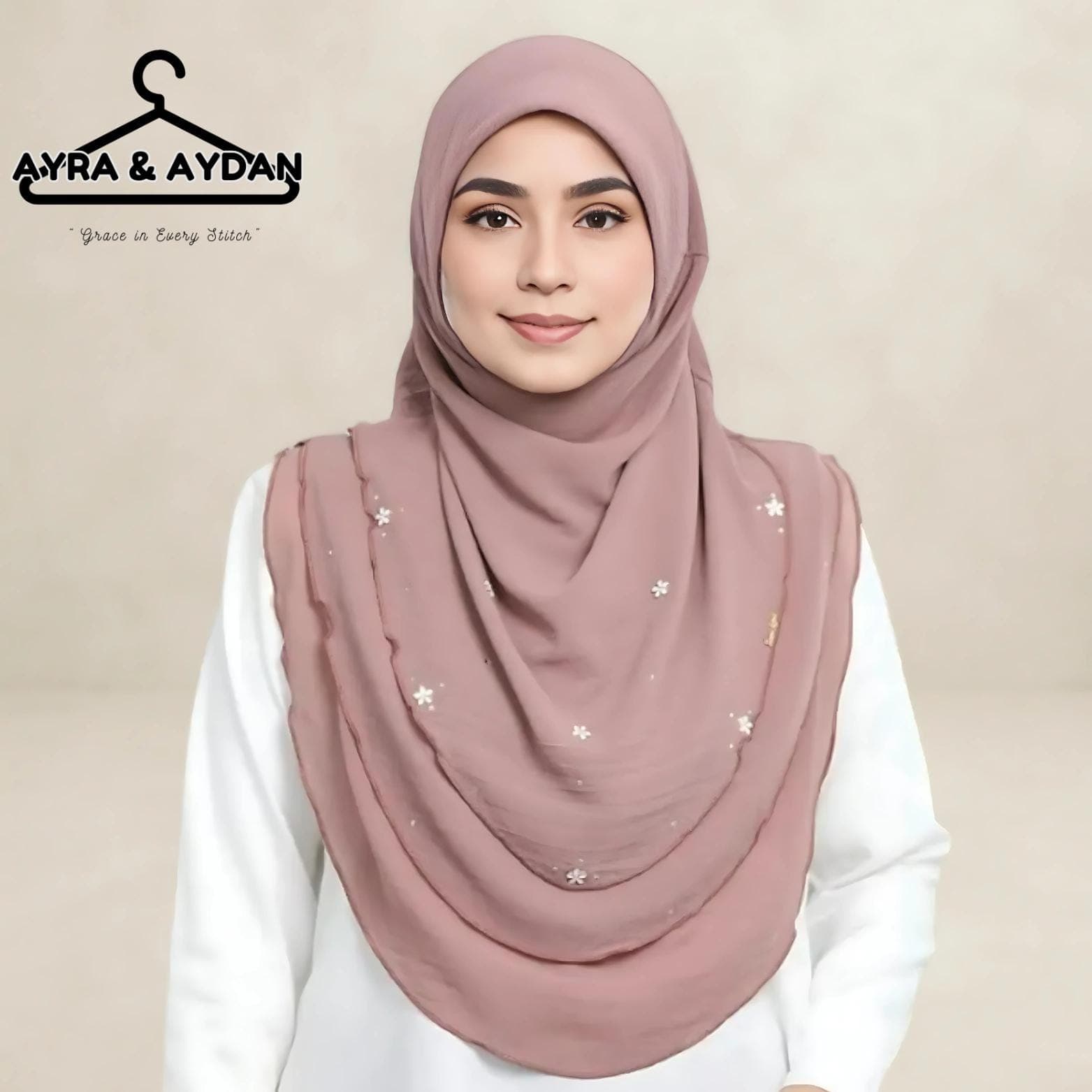 3-Layer Chiffon Awning Hijab with Scuba Awning, Beaded Stone Accents | Neatly Stitched Edges | Slip on Instant Hijab | 20 Colors Options