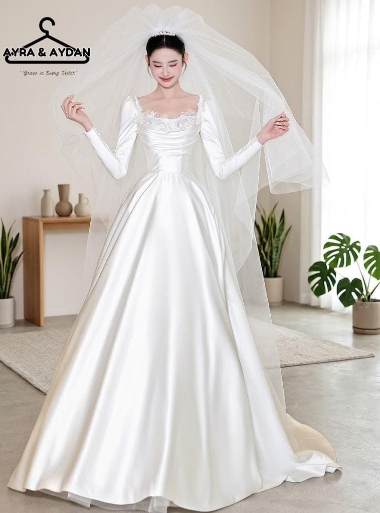 Minimalist Satin Wedding Dress, Long Sleeve Bridal Gown with Lace Square Neckline, Classic A-Line Modest Dress, Vintage Inspired Gow
