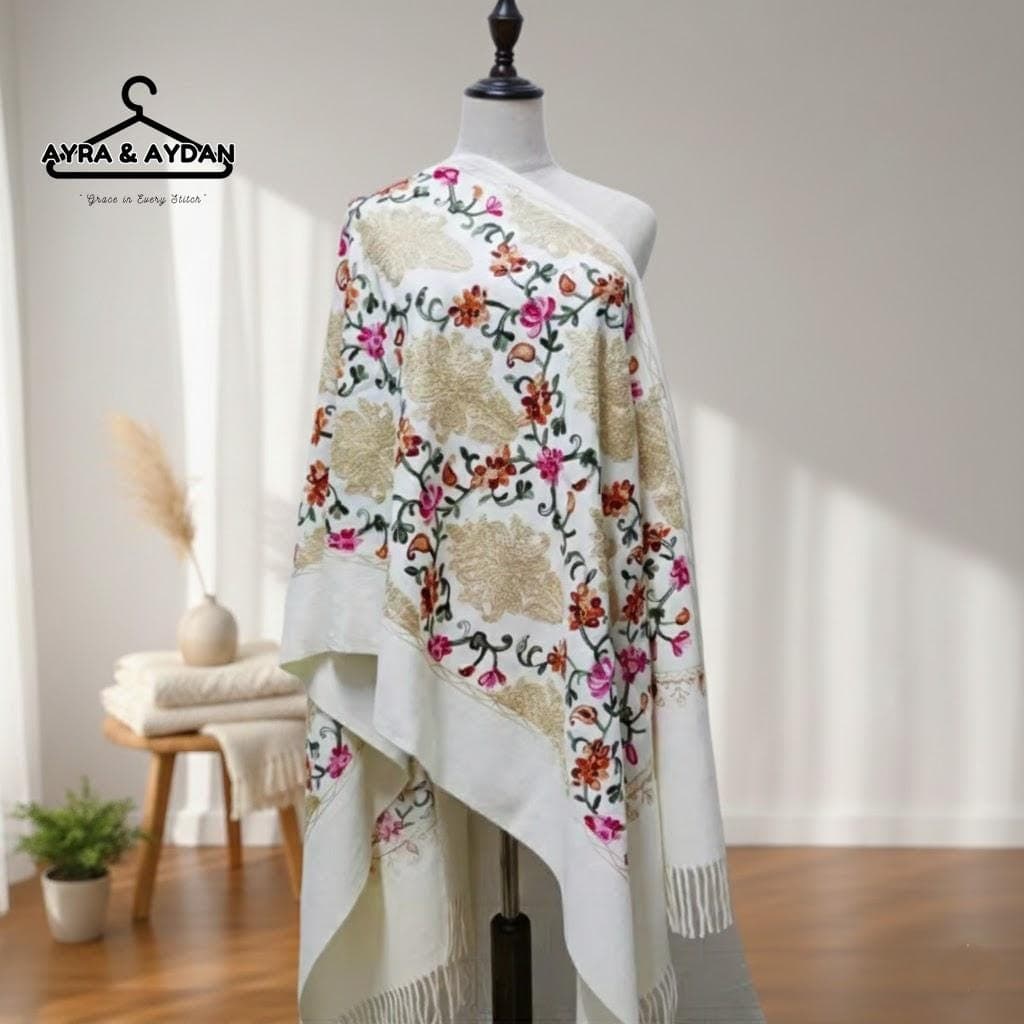 Embroidered Floral Pashmina Shawl - Ivory Wool Winter Scarf for Women, Boho Wedding Wrap, Luxury Handcrafted Floral Stole, Gift for Her - image 3