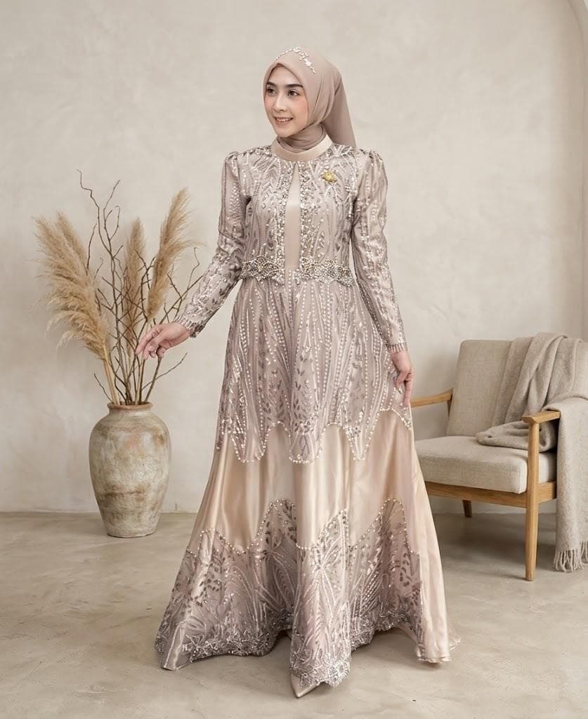 Modest Lace Evening Dress, Muslimah Formal Gown, Hijab Friendly Long Sleeve Maxi Dress, Elegant Eid Outfit, Islamic Wedding Guest Dress - image 3