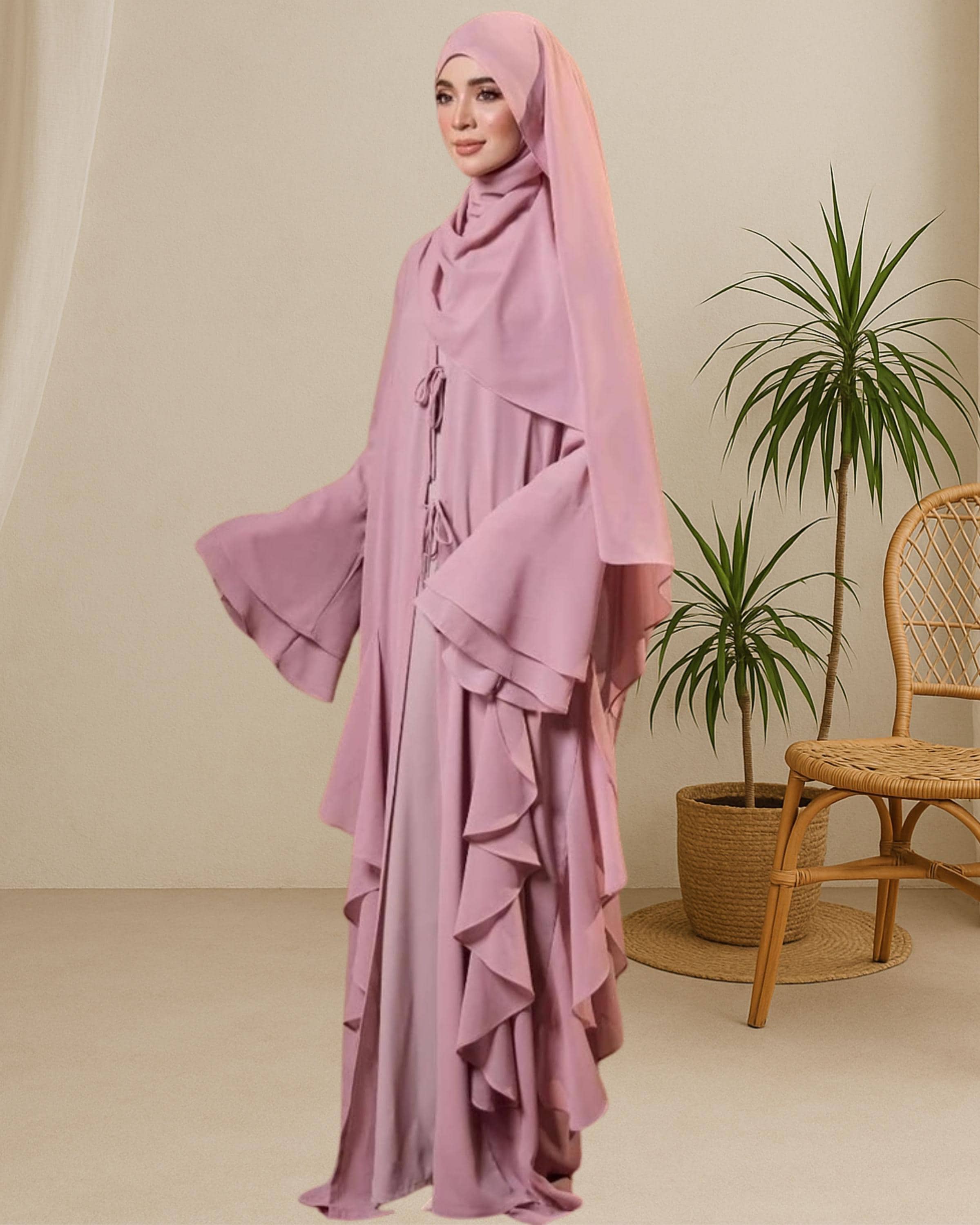 Chiffon Outer Abaya Set with Shawl | Modest Muslim Wear | Adjustable Ribbon & Semi-Curved End Shawl - image 4