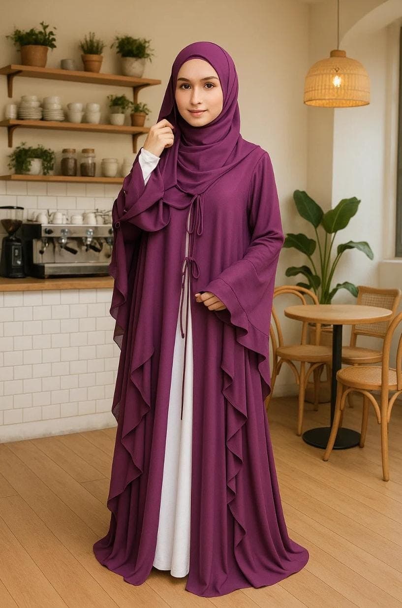 Chiffon Outer Abaya Set with Shawl | Modest Muslim Wear | Adjustable Ribbon & Semi-Curved End Shawl - image 3
