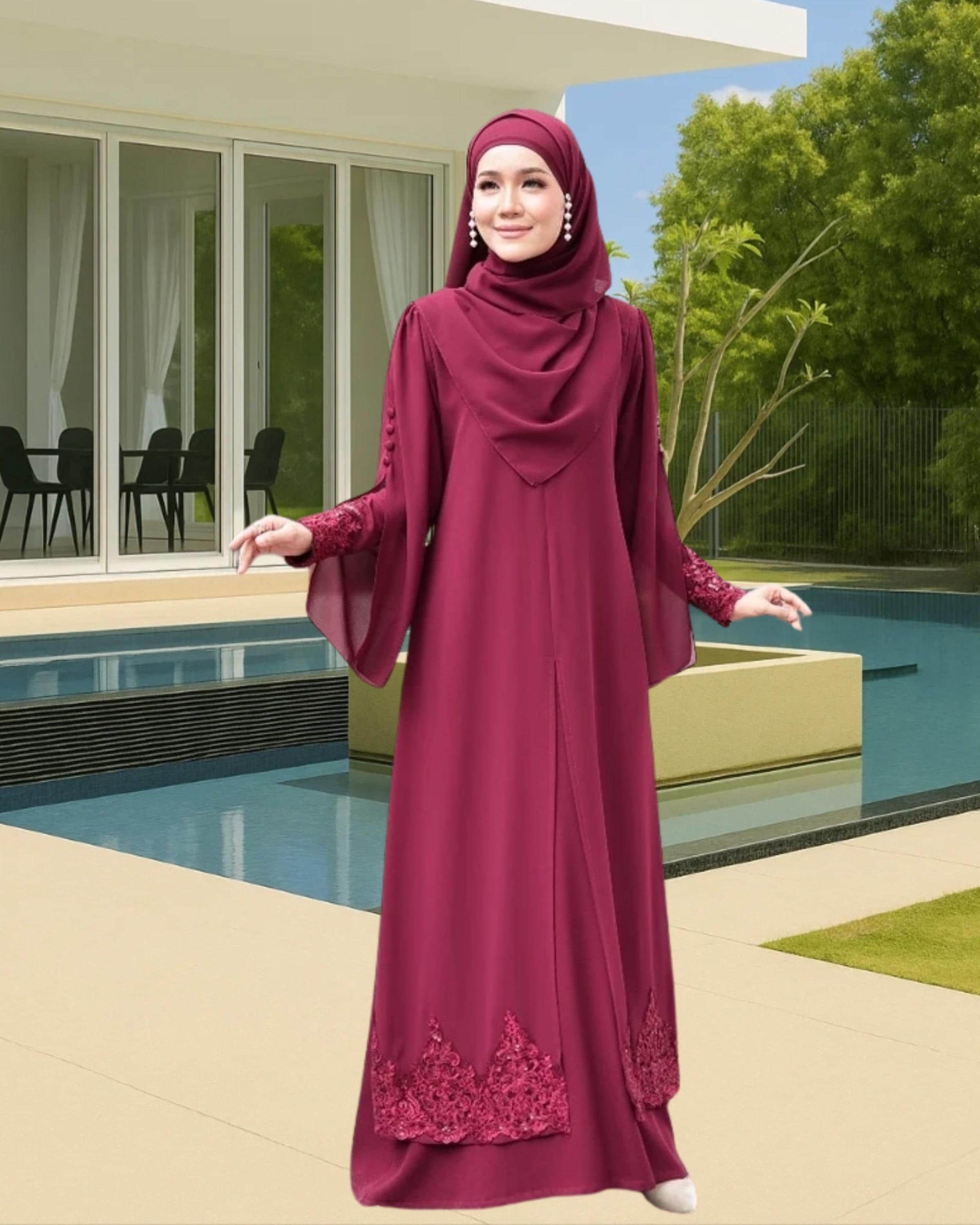 Elegant Modest Evening Dress with Luxury Lace | Free Shawl, Hijab-Friendly | Long Sleeve Islamic Style | Bridesmaid Dress | Graduation Dress