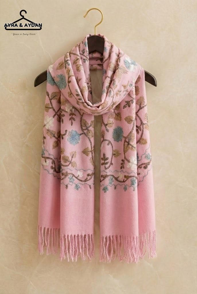 Embroidered Winter Scarf : Luxury Handmade Cashmere Pashmina Blend Shawl