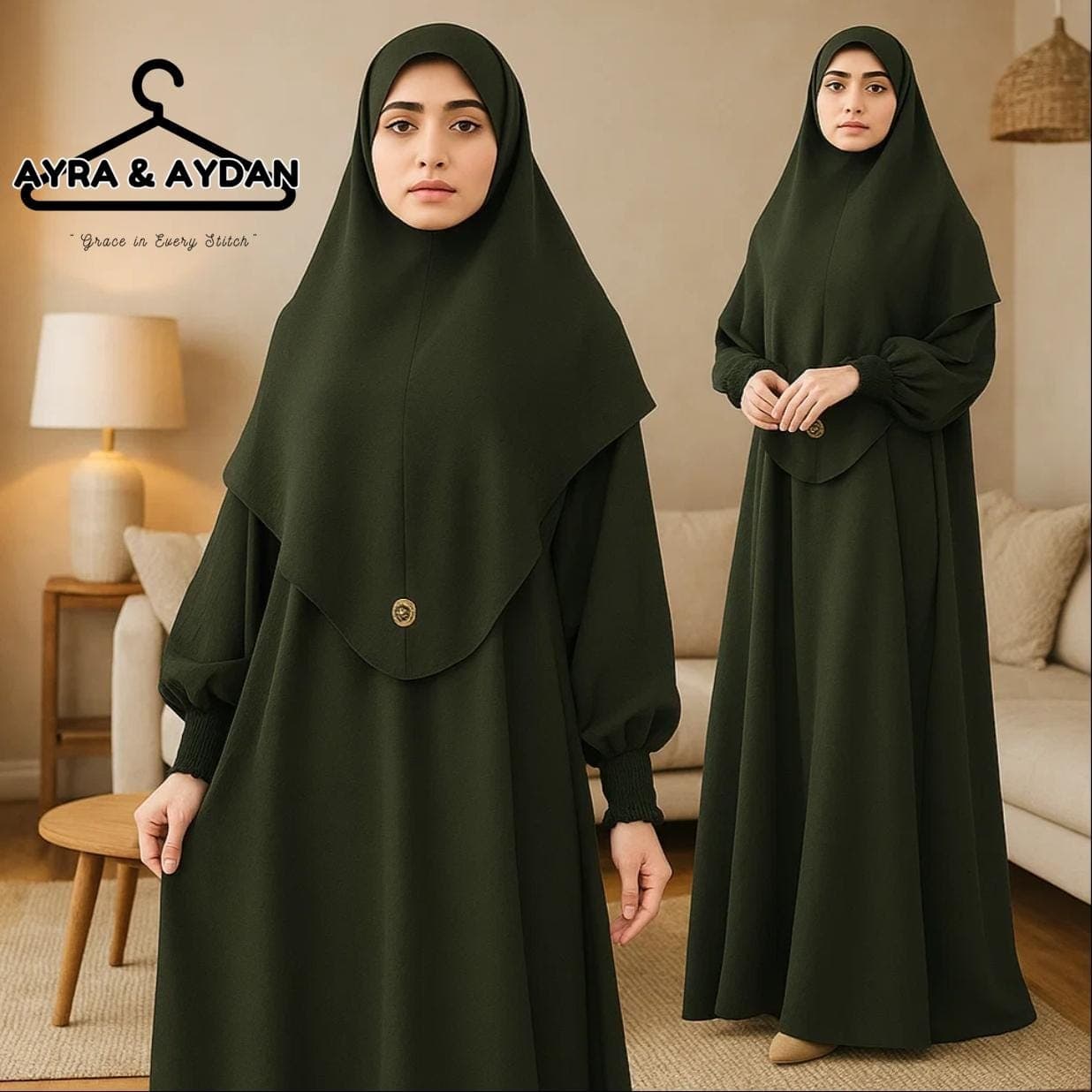 One Piece Jilbab with Free Separate Hijab, Olive Green Prayer Dress, Overhead Abaya, Islamic Khimar Gown, Modest Muslim Wear for Salah