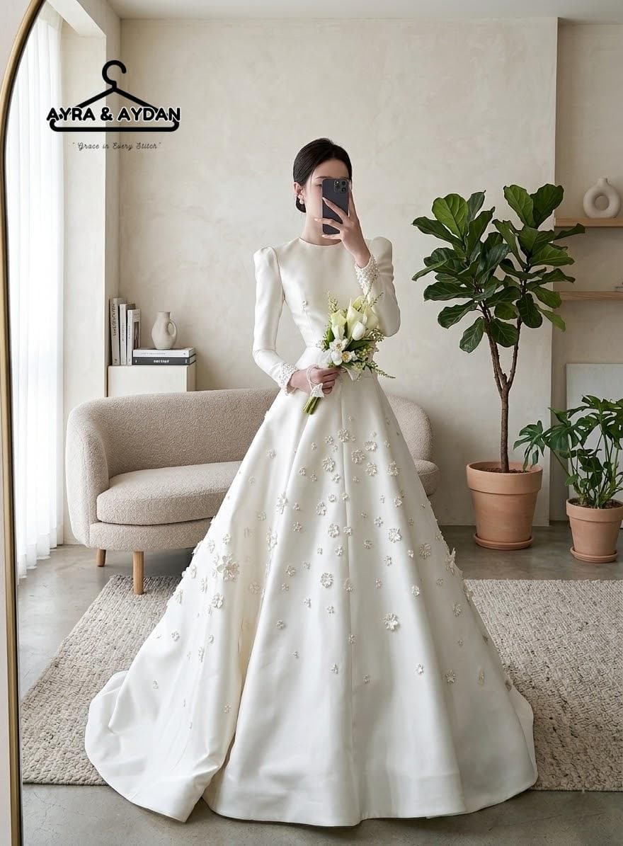 Modest Satin Wedding Dress, Long Sleeve Muslim Bridal Gown with 3D Floral Applique, High Neck A-Line Hijab Friendly Dress, Elegant Bridal