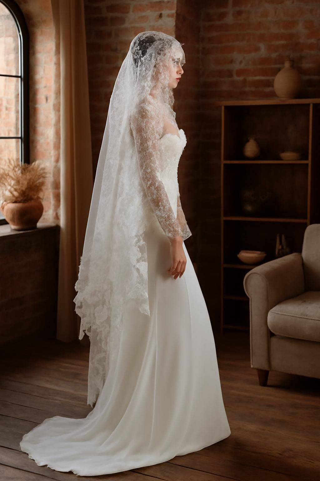 Romantic Vintage White Lace Cathedral Bridal Veil with Intricate Floral Patterns - image 3