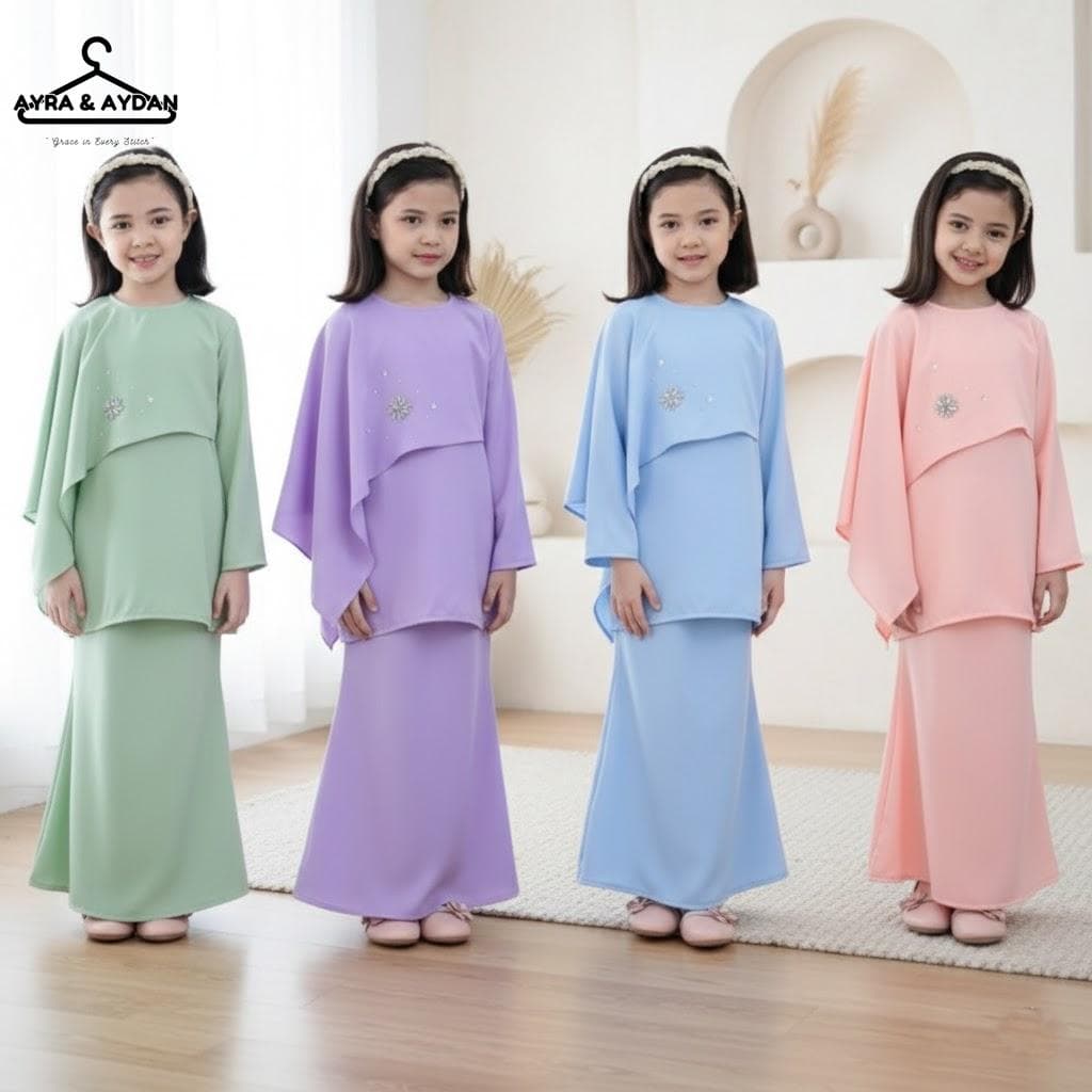 Girls Pastel Baju Kurung, Modest Eid Dress for Kids, Hari Raya Outfit, Muslimah Childrens Clothing, Cape Style Traditional Wear