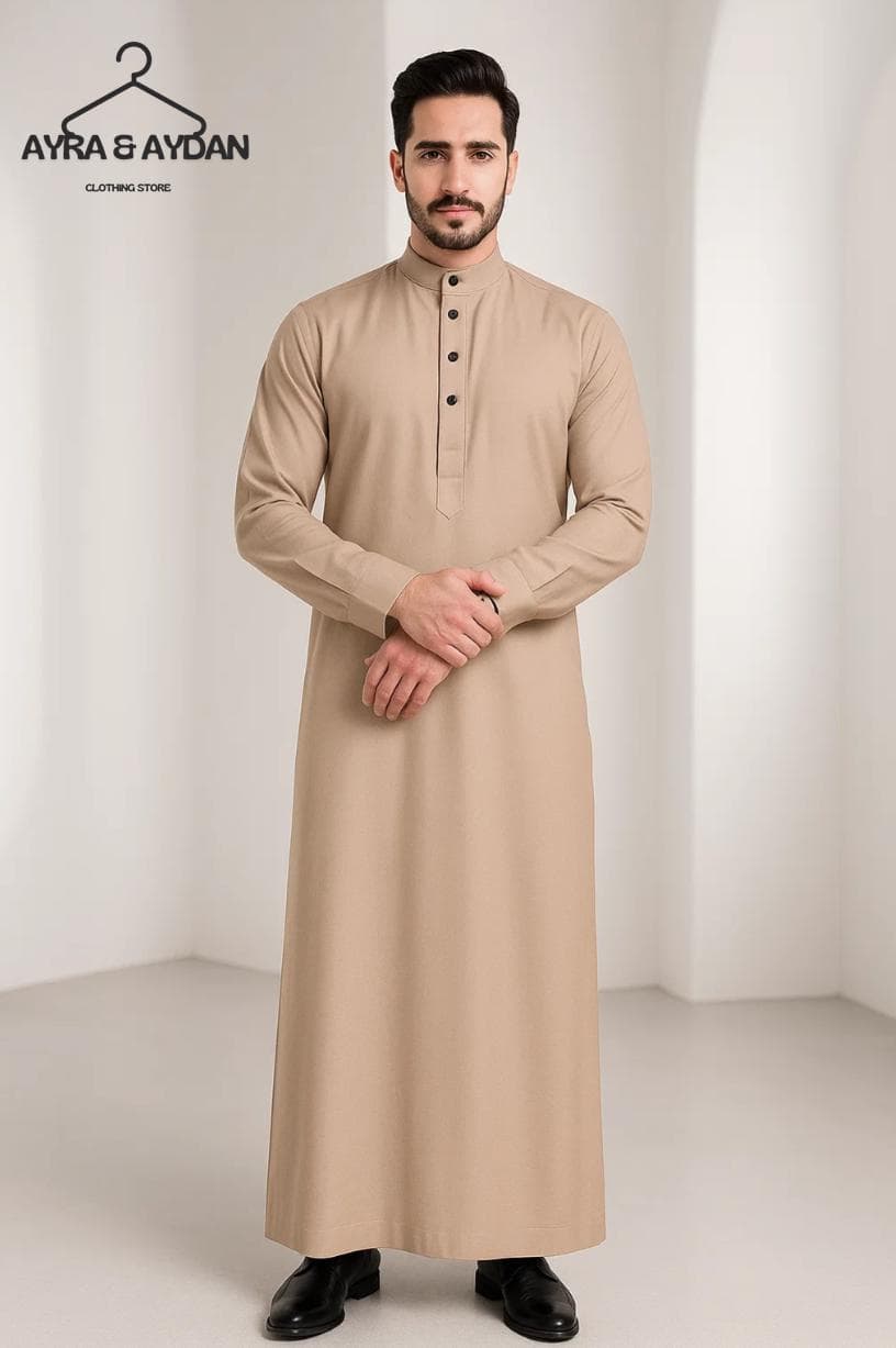 Men's Premium Thobes Jubbah Jubba  - Como Crepe Shanghai Collar Robe | Elegant Islamic Prayer & Eid Ramadan Outfit, Size S-XXL