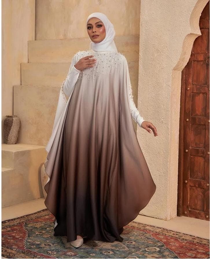 Elegant Ombre Kaftan Abaya with Pearls | Modest Muslim Dress | Satin Silk Eid Outfit | Evening Gown Dubai Style | Ramadan Gift - image 5