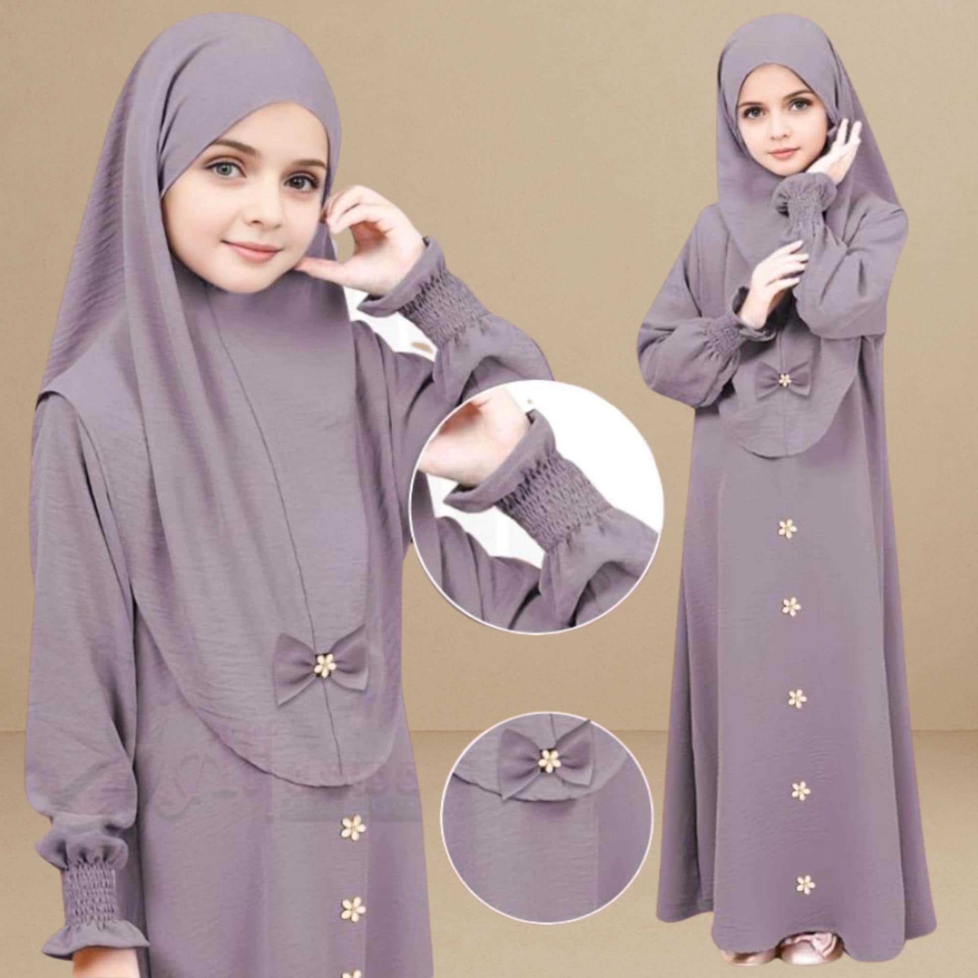 Ironless Kids’ Abaya Set with Front Diamond Star & Free Hijab – Ages 2-12 | 12 Color Options - image 3