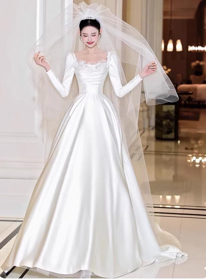 Minimalist Satin Wedding Dress, Long Sleeve Bridal Gown with Lace Square Neckline, Classic A-Line Modest Dress, Vintage Inspired Gow - image 4