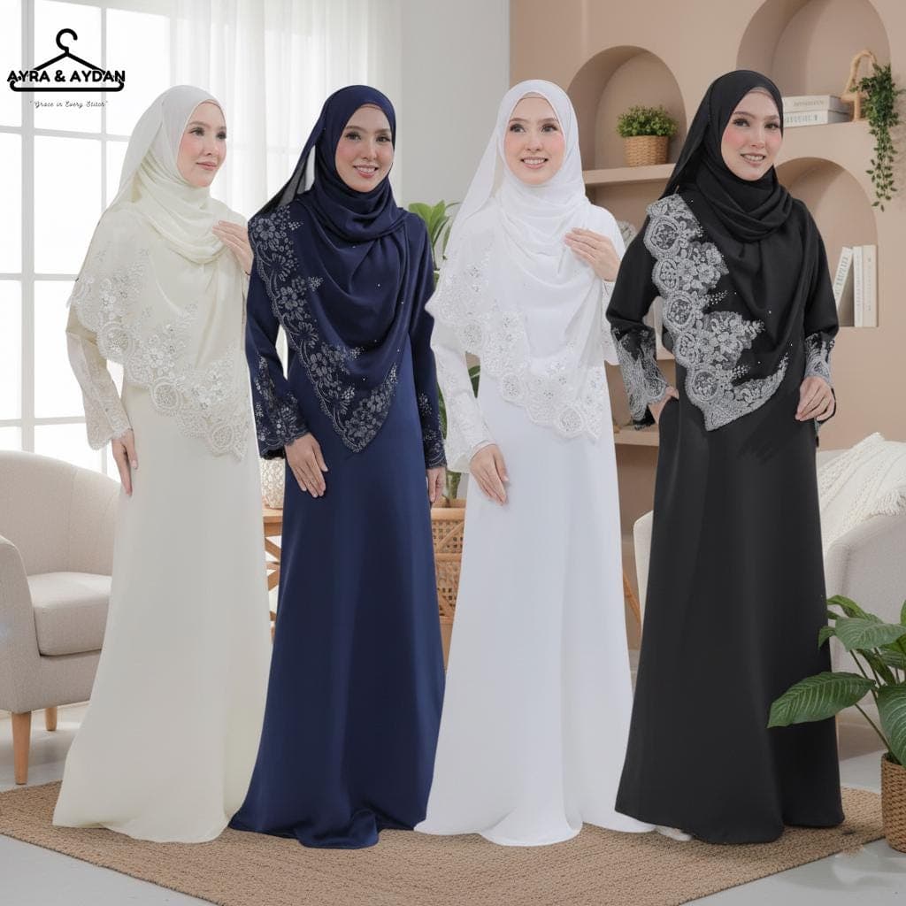 Elegant Embroidered Muslimah Jubah Dress with Free Matching Hijab – Modest Abaya Kaftan for Eid, Wedding, or Formal Events
