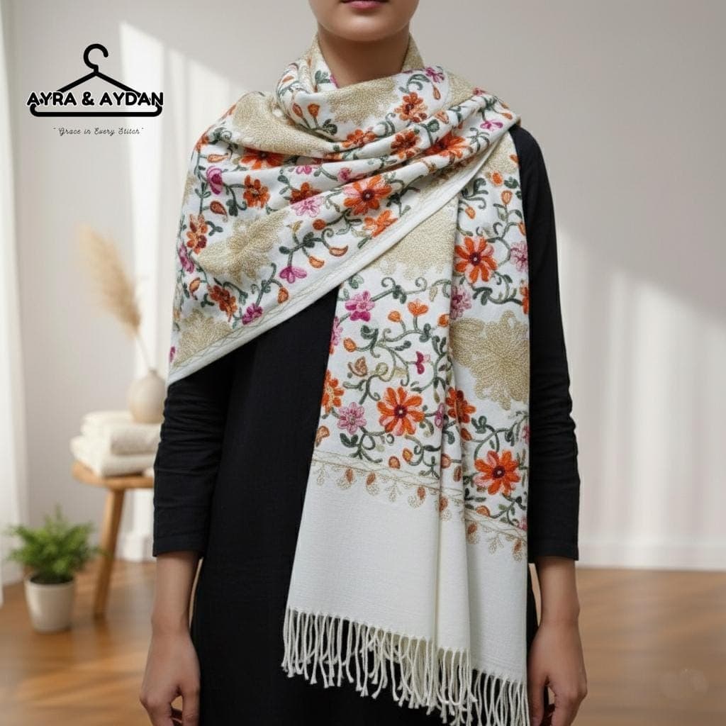 Embroidered Floral Pashmina Shawl - Ivory Wool Winter Scarf for Women, Boho Wedding Wrap, Luxury Handcrafted Floral Stole, Gift for Her - image 5