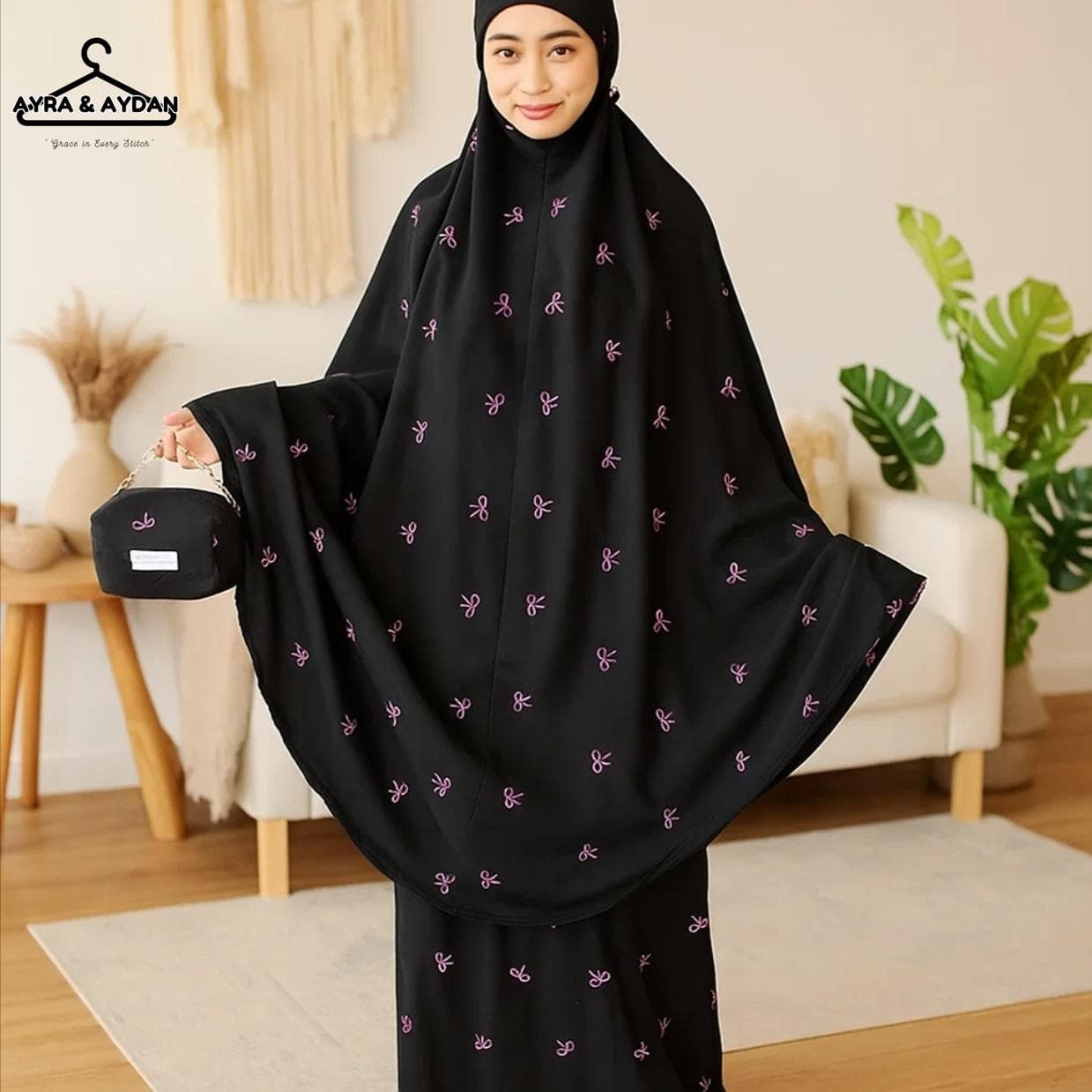 Embroidered Cotton Travel Prayer Dress with Coquette Design & Free Pouch - Portable Prayer Hijab