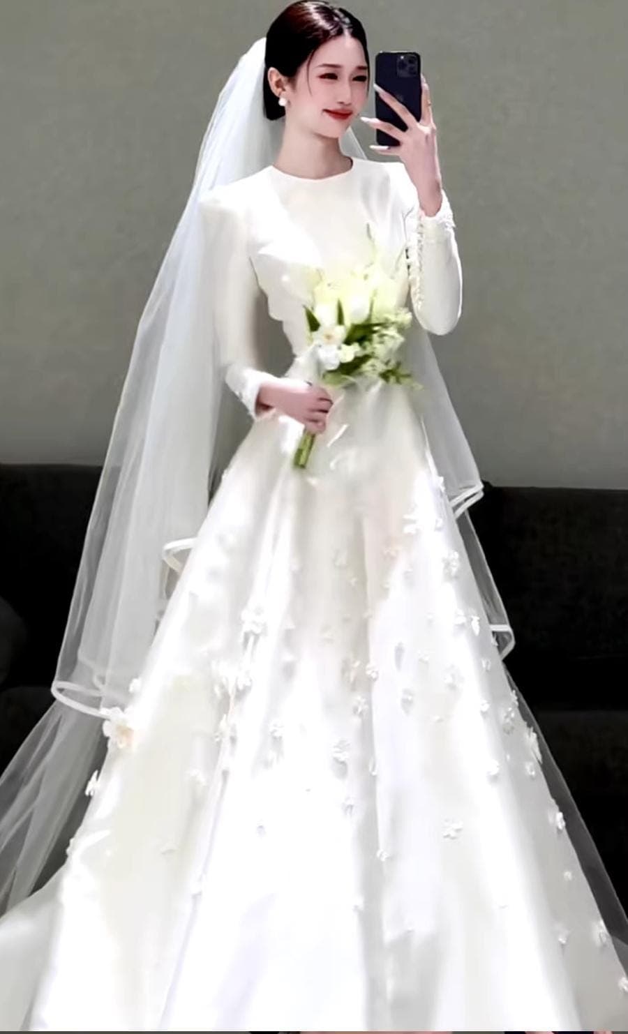 Modest Satin Wedding Dress, Long Sleeve Muslim Bridal Gown with 3D Floral Applique, High Neck A-Line Hijab Friendly Dress, Elegant Bridal - image 3