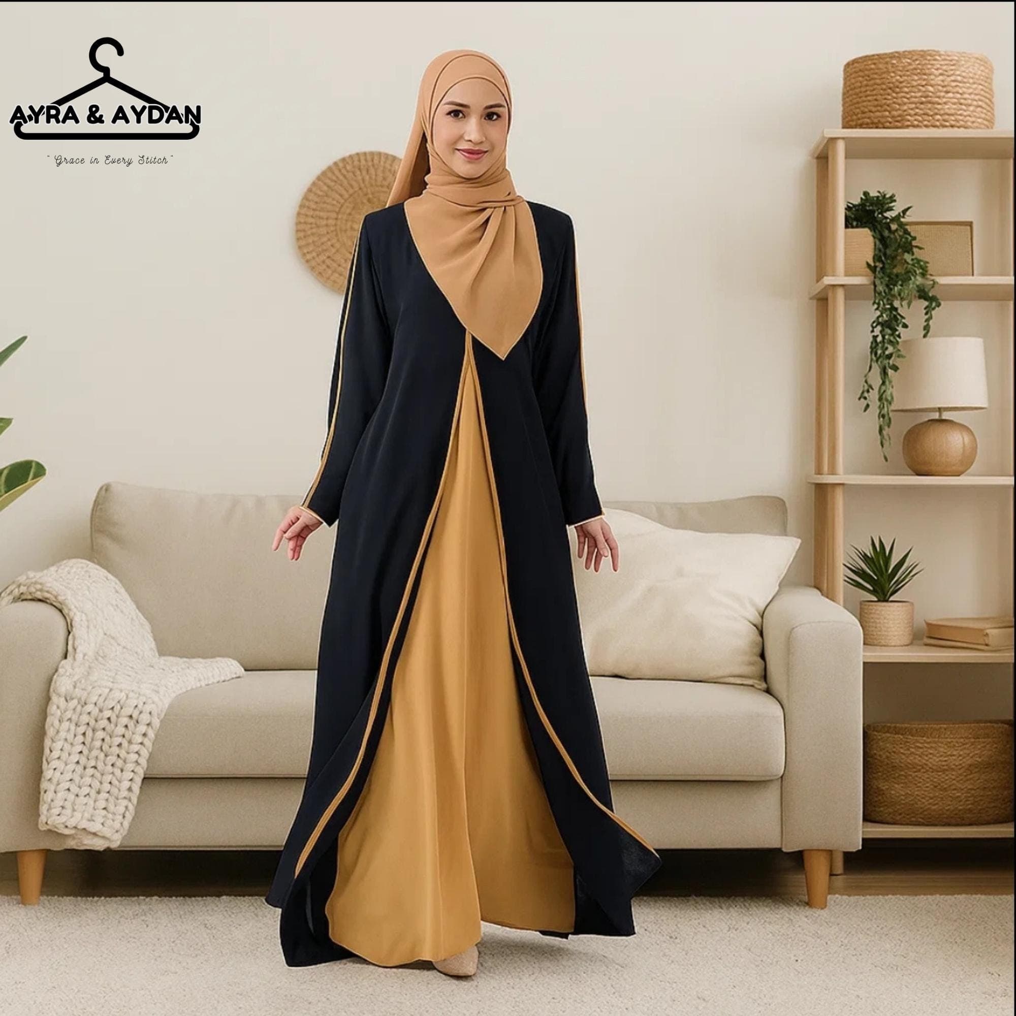 Elegant Muslim Robe 2-Layer CEY CREPE Dress with Light Brown Inner - Sizes S-3XL
