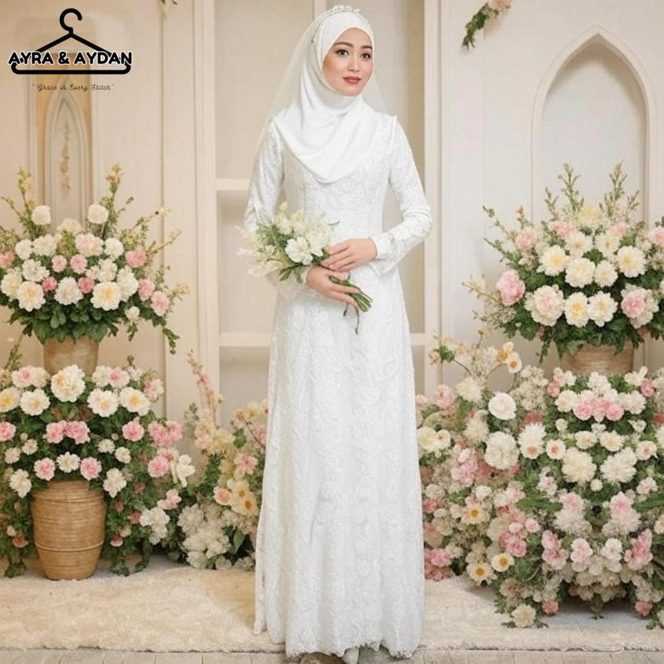 Elegant White French Lace Muslim Wedding Dress - Modest Bridal Gown with Long Sleeves - Customizable Islamic Nikah Attire