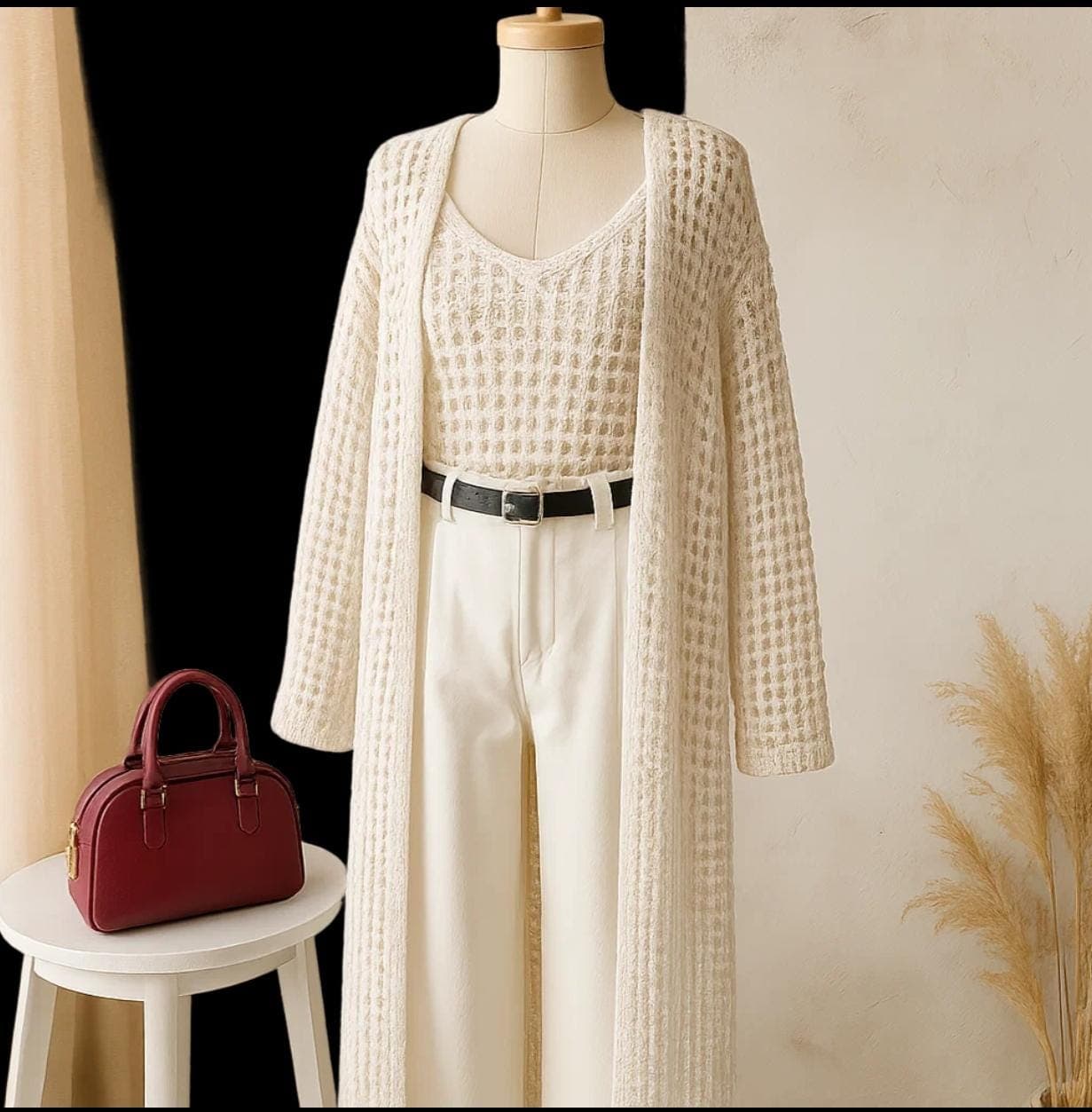 Long Knit Cardigan Duster, Cream Open-Knit Maxi Sweater, Boho Beach Cover Up, Lightweight Summer Knitwear - image 3