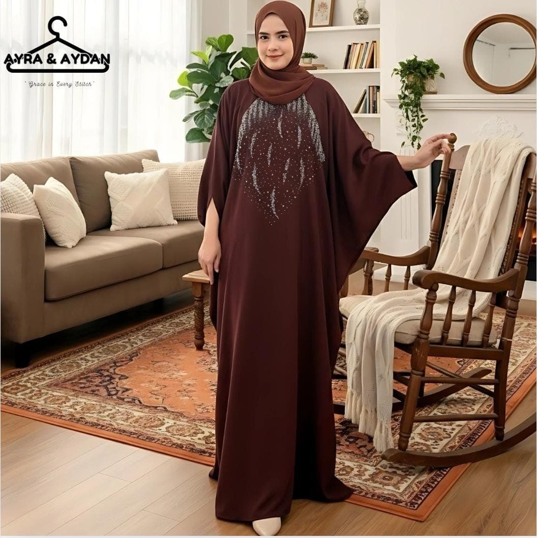 Embellished Brown Kaftan Abaya Dress, Modest Islamic Batwing Dress for Women, Loose Fit Dubai Style Caftan, Muslim Maxi Dress, Eid Gift