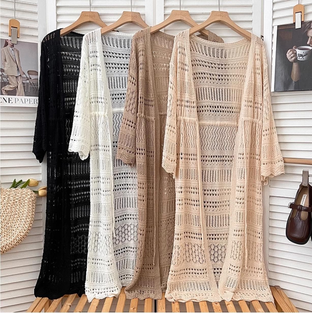 Bohemian Lace Knit Cardigan, Long Open-Knit Duster, Summer Beach Cover Up, Lightweight Pointelle Kimono Sweater - image 5